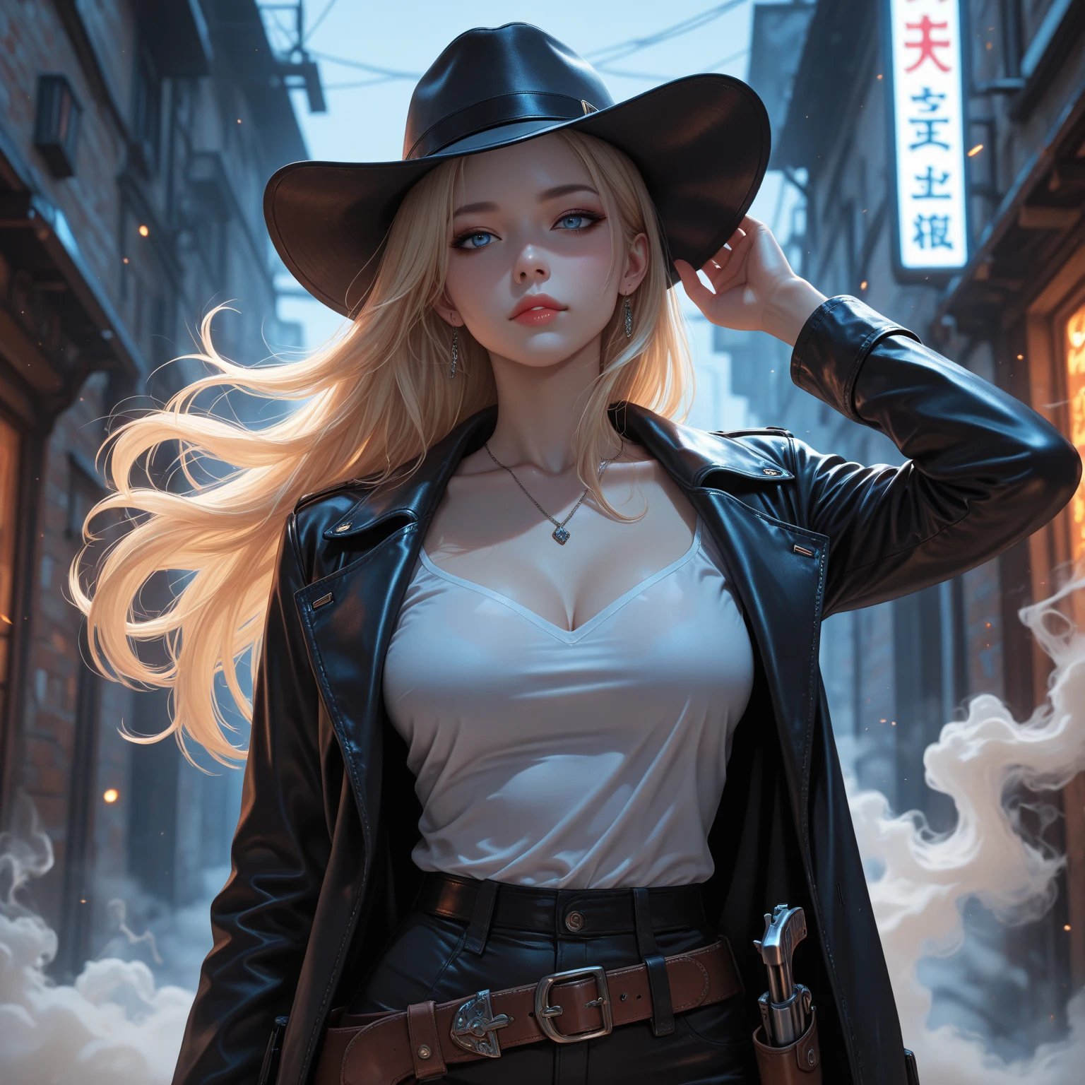 super realistic, 8k, masterpiece, high definition, cinematic, 1950s western, movie poster, beauty with a handgun on her hip, sheriff, blonde white woman, sheriff batch, cleavage, torn jacket, torn pants, confronting thugs, colt in waist holster, (title), impressive lighting, 3d render, western street corner
