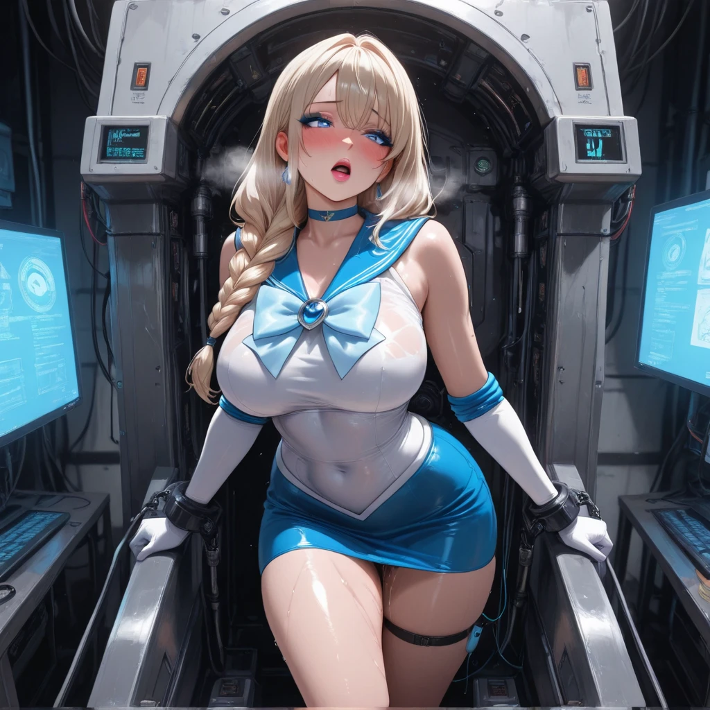 (((masterpiece))), (((best quality))), ((ultra-detailed)), (illustration), ((an extremely delicate and beautiful)), ((super detail)), ((high resolution)), (((20 years old))), metallic cloth, (race queen), (android), delicate metal decorations, gleaming skin, shiny body, two legs, breast focus, (((tall))), slender legs, ((big round eyes)), cute eyes, drooping eyes, ((adult)), two hands, five fingers, no extra hands, elegant smile, braid, ((metallic blue)), (see-through), (dark blonde), (ultra-huge breasts), (shining brightly), outdoor, mini skirt, daytime, ((biopunk)), ((hair shorter than shoulder)), medium length hair, gynoid,