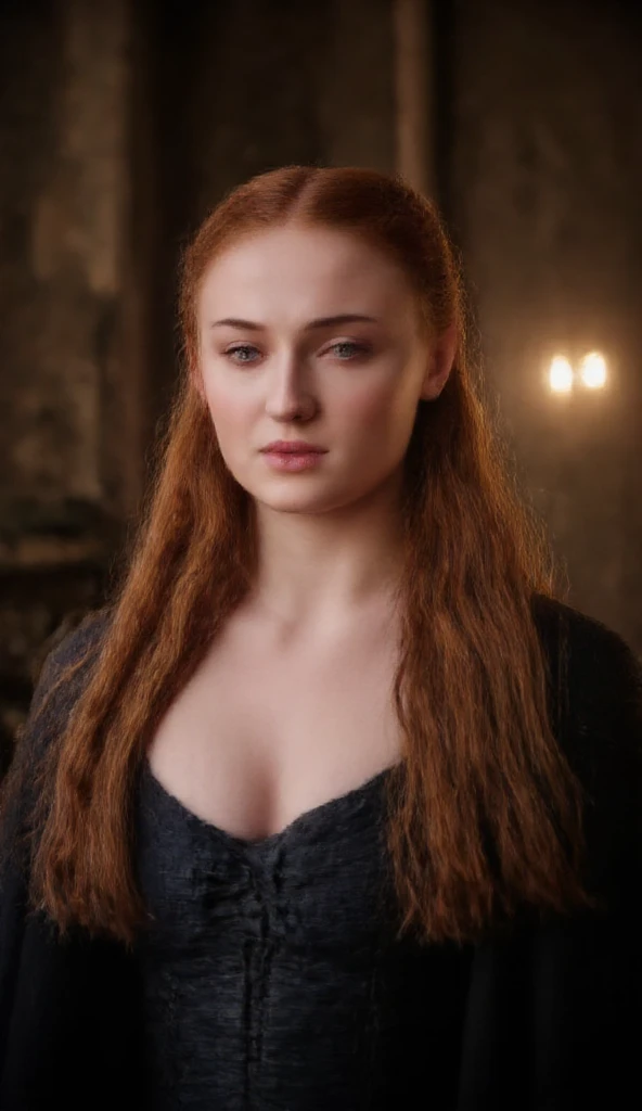 Undead Sansa Stark on her knees, forced oral sex, (oral rape:1.3), Sexual violence, hand on her head, holds her by the hair, (traces of beatings on her body:1.2), torn clothes, Sexual slavery, hellish torment, demon pissing on her face