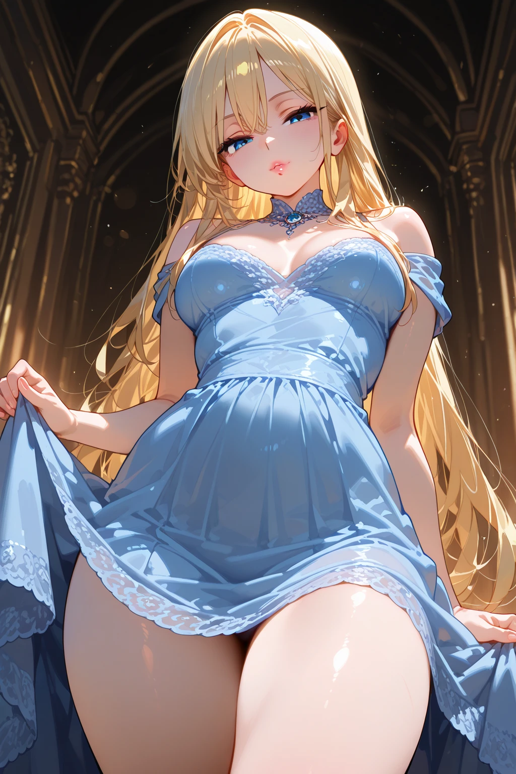 Masterpiece, 8k quality, highly detailed, one girl, (blonde curly hair), (off the shoulders white and goddess dress), ((extremely small breast)), thick thighs, Roman pillars background