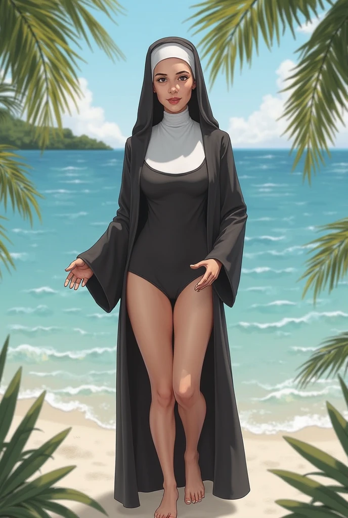 score_9, score_8_up, score_7_up, score_6_up, score_5_up, score_4_up, comic art illustration, BREAK; nun 22 yo hottie, (asymmetrical hair-length bob haircut), platinum blonde hair, diamond earrings, diamond choker, braless (see-through nun outfit), large natural breasts, (sexy belt (tight) (black micro-skirt)), red highleg-thong cameltoe, (black tights)1.2, standing, toned thighs and legs; (beach background); (intricate details, detailed eyes), rating_adult, score_9, score_8_up, score_7_up