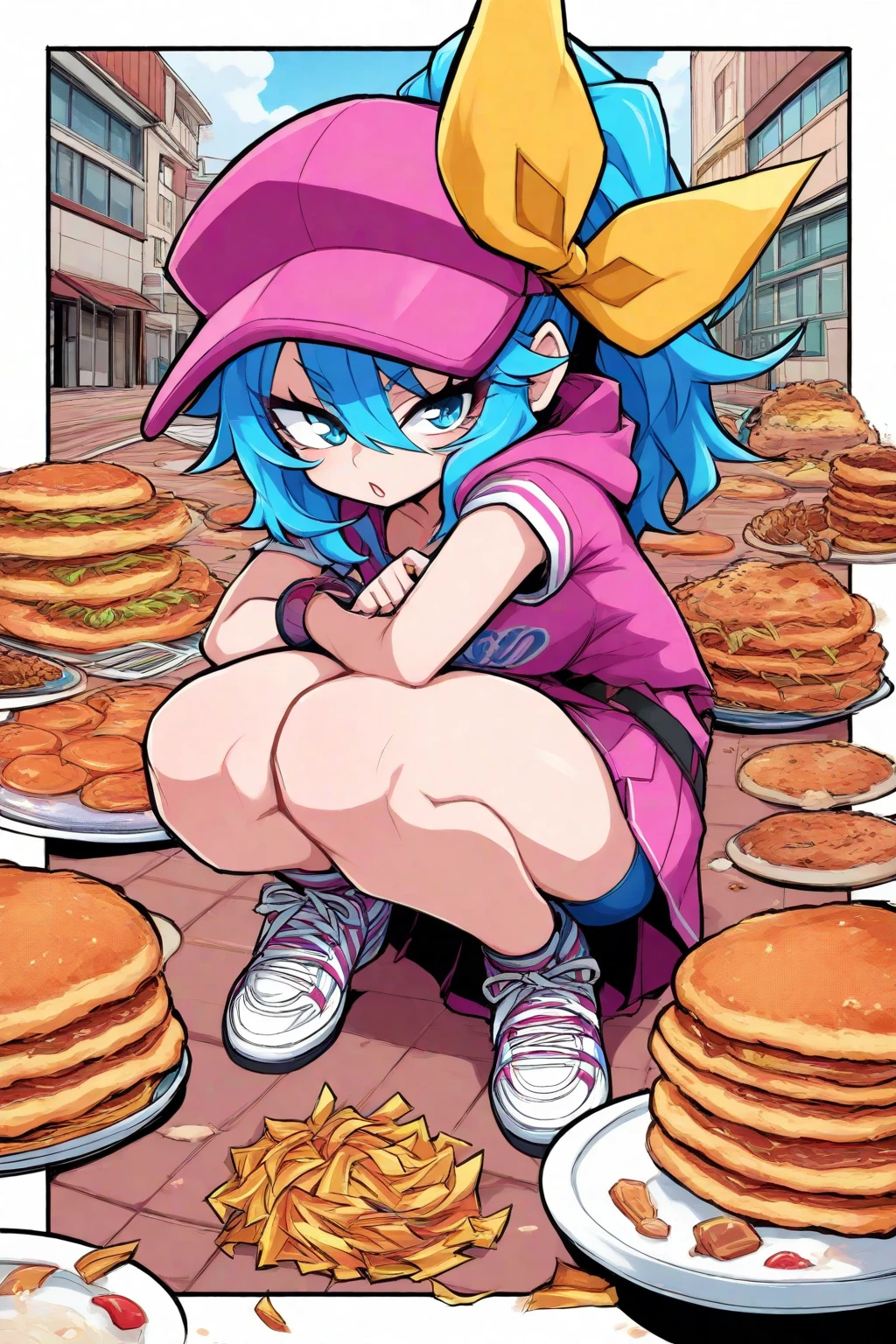 1girl, 1girl, blue eyes, brown hair, flower tattoo, hair between eyes, leg tattoo, long hair, purple nails, tattoo, very long hair, broom, cookie, food, fork, fried egg, fried egg on toast, full body, toast, by 3000krw, 3000krw, <lora:sp3000krwStyleNAI_127560:1.2>
