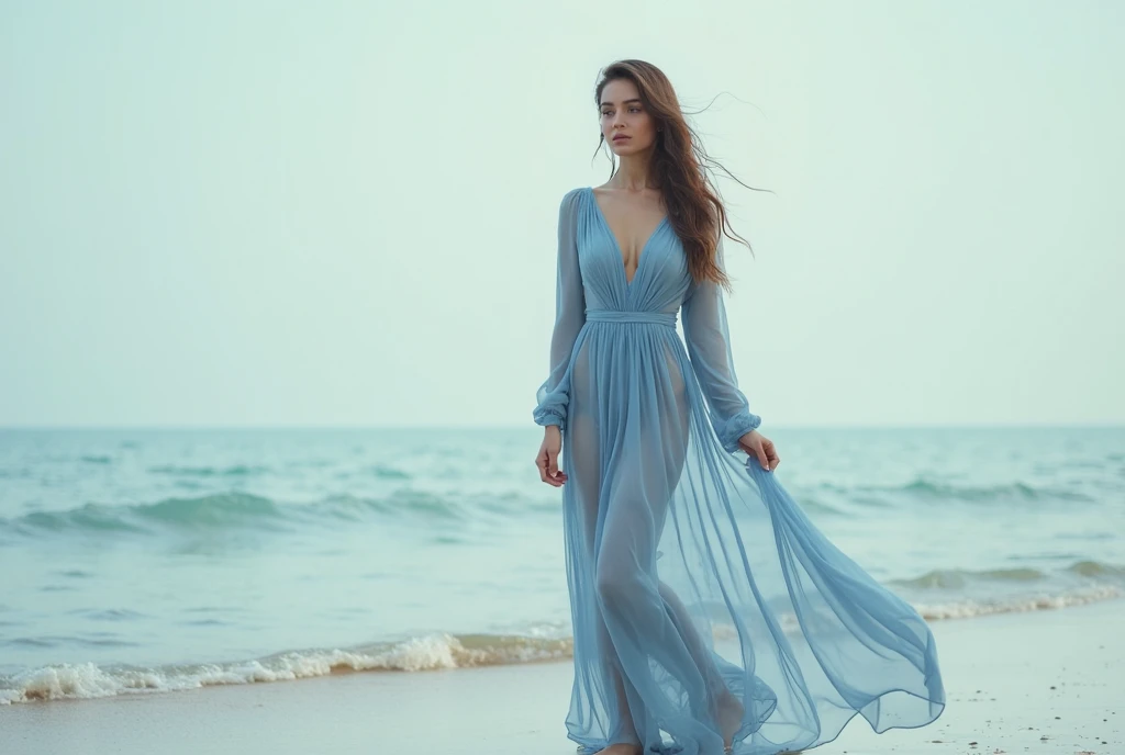 (best quality,4K,8k,highres,master part:1.2),ultra detail,(Realistic,photorrealistic,photo-realistic:1.37), young woman, (fully body:1.2), tall woman, Thin woman, dark short hair, pale blue eyes, beautiful detailed eyes, beautiful detailed lips, light white and dress, whirling in the wind, almost translucent, cleavage, big tits