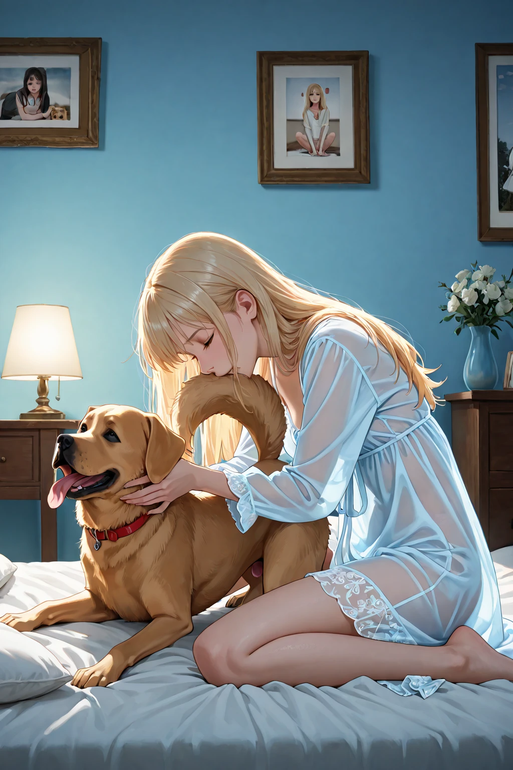 ((((Masterpiece, Best quality, Ultra high resolution)))), NSFW, perfect anatomy.
BREAK 1 medium-sized, realistic dog with detailed fur, pointed ears, and a classic canine snout, on a cozy room with a TV.
BREAK 1 Girl, Sailor Venus, lora:sailor_venus_v2:0.7, ((anime style)), completely nude, positioned as if she and the dog are mating, gently giving a sweet kiss on the nose of the dog while hugging it and with her eyes closed during the kiss.
BREAK The kiss is intimate and clearly visible, with Girl’s lips gently touching the dog’s nose. Focus on the affectionate interaction between the girl and the dog, with both prominently featured and in correct proportion.
BREAK Ensure no other characters or elements are present in the scene.