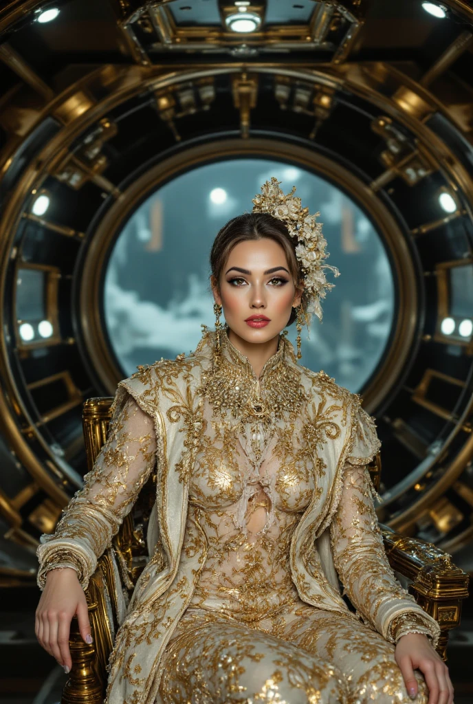There's a woman dressed in gold latex leotard sitting spread legs on a throne with a lot of jewelries, baroque aesthetic, goth aesthetic, golden coins, ultra detailed, photorealistic, masterpiece.