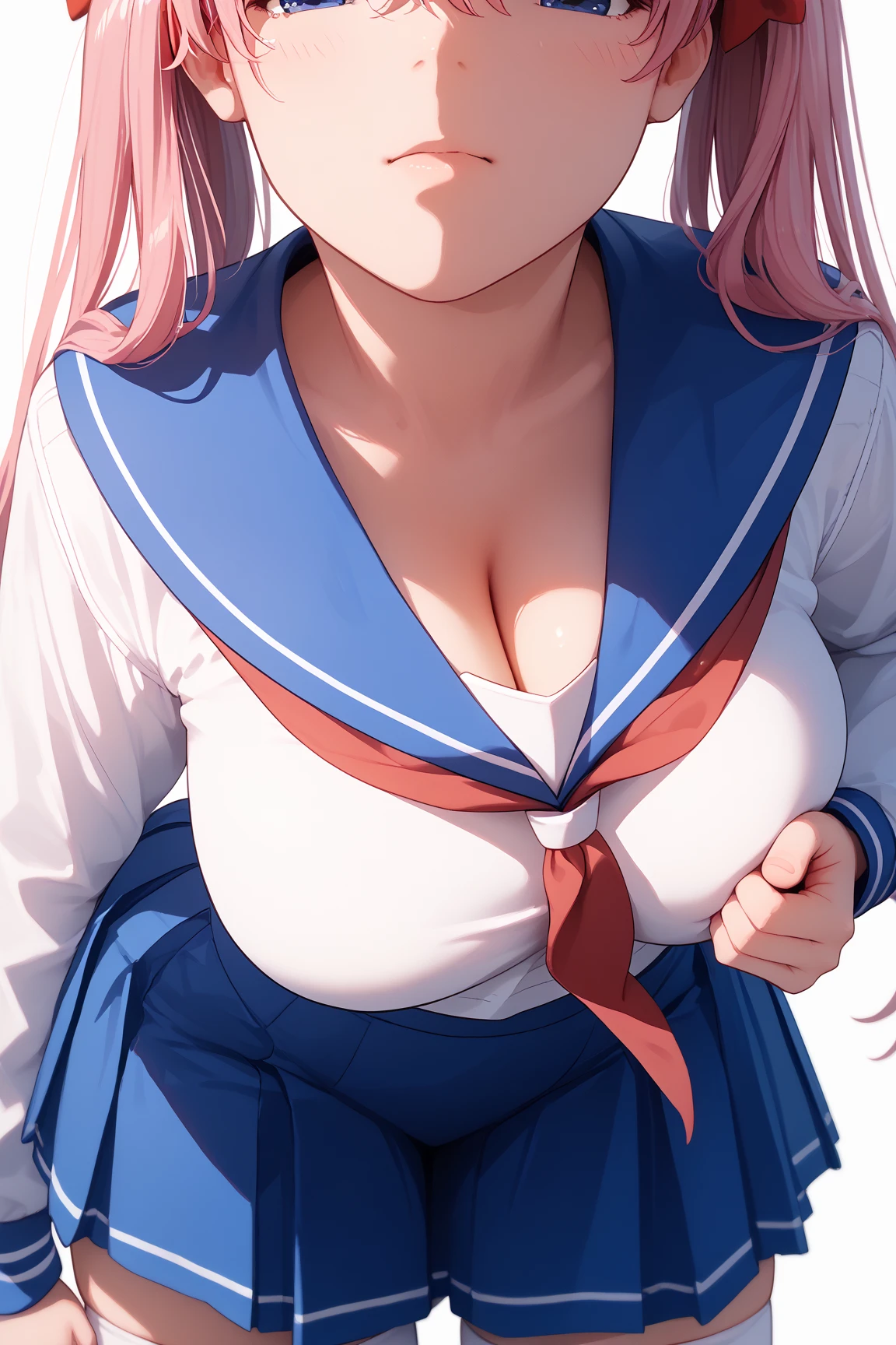 personally delivered_haramura, 1 girl, alone,(better quality, masterpiece), (chubby body), emphasize the thighs,  Big breasts, put your hand on your chest