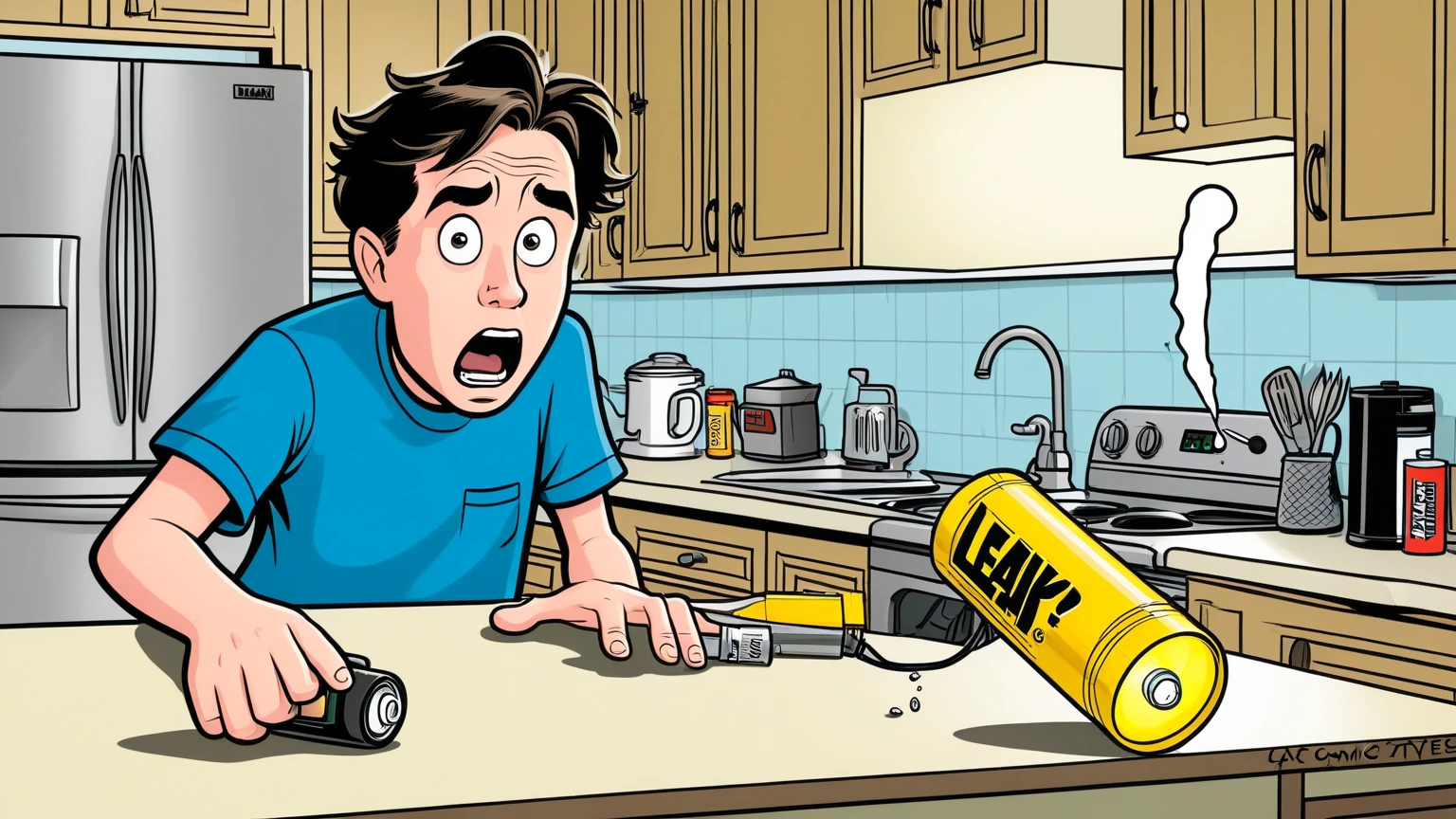 Person:

A yang boy in the image has his face shoked and afraid seen ito front.He are wearing a red shirt.He have hair. His left arm is raised, He carry a super glue and droping on his eye   .The right hand is open and facing forward, making a stopping gesture.

Background:

The background is a grey glue textured wall with so much Glue.

Warning Sign:

There is a yellow warning sign with black borders and text on the wall.The sign includes symbols indicating no Glue or open flames are not allowed.

The image seems to convey a strong message, 
