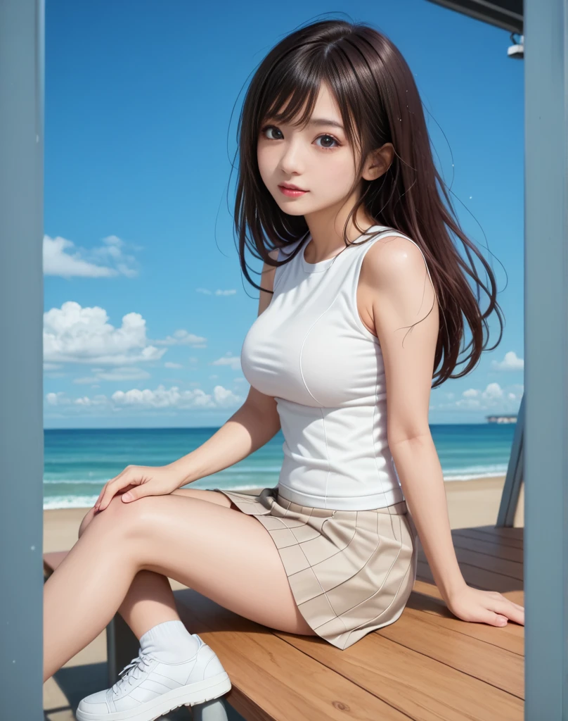 ((Extremely exposed))(High-definition image quality)極Realistic skin texture、High definition face(brown、Very long straight hair、Hair behind the ear、Beautiful moist brown hair、Smooth Hair)((Bright smile))、Gaze(sexyな25歳の女の子、Idol Makeup、Eyeliner)(Fair skin)(Sparkling eyes)Smooth Skin、Realistic skin texture ((Oversized T-shirt、Short length、Cleavage) ((Extremely short denim miniskirt、damage、Super tight、small、Ultra low rise))))Beautiful armpits、On the position of the chest、Round big breasts、Beautiful valley、Ultra-thin waist、Waistline、Long legs、Glitter High Heels((((Seaside cafe during the day))))(((((Medium full shot from below、sexy))))))Erotic and bold poses