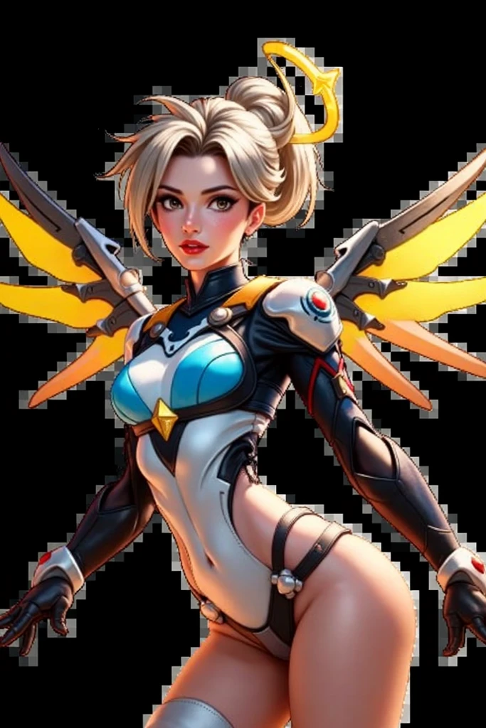 score_9, score_8_up, score_7_up, score_6_up, score_5_up, score_4_up, realistic, Mercy from Overwatch, looking at viewer, seductive, beautiful detailed eyes, posing with her hands on her hips, showing off her huge breasts in micro bikini lingerie, POV, voluptuous, hourglass figure, huge breasts, sweating, cinematic lighting, professional lighting