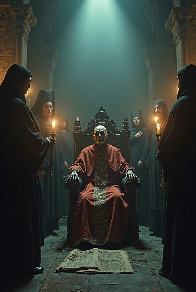 Four men are about to assassinate the king on the throne. The king is cowardly and afraid and has a collar on his neck that says Aymen