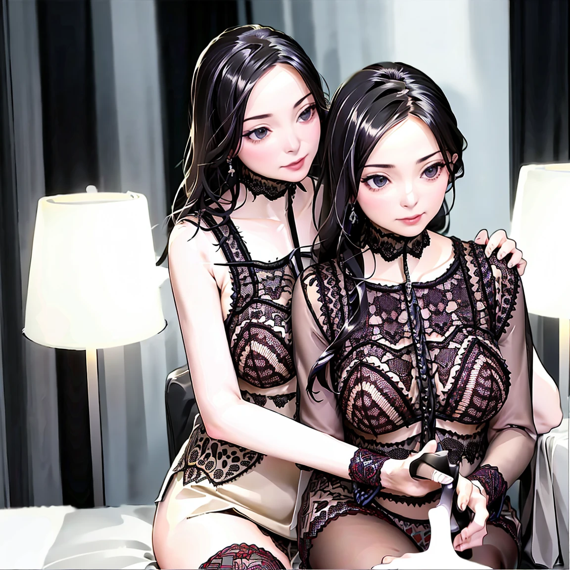 (fiche de conception de personnage, same character, Devant, side, de la), ((extremely detailed illustration)), high resolution, des mains parfaites à cinq doigts, visage parfait . Deux filles de 25 ans,Soeurs jumelles, avec de gros seins et des mamelons qui pointent, vêtu d'une combinaison rose en latex (spandex) style hentaï ouverte aux parties intime, the scene shows her caressing her breasts, back bent facing the audience, angle de vue multiples, seductive and explicit, corps voluptueux et musclé, legs spread, plaisir intense écrit sur son visage, eyes rolled upwards. NSFW❤️💕💖💋