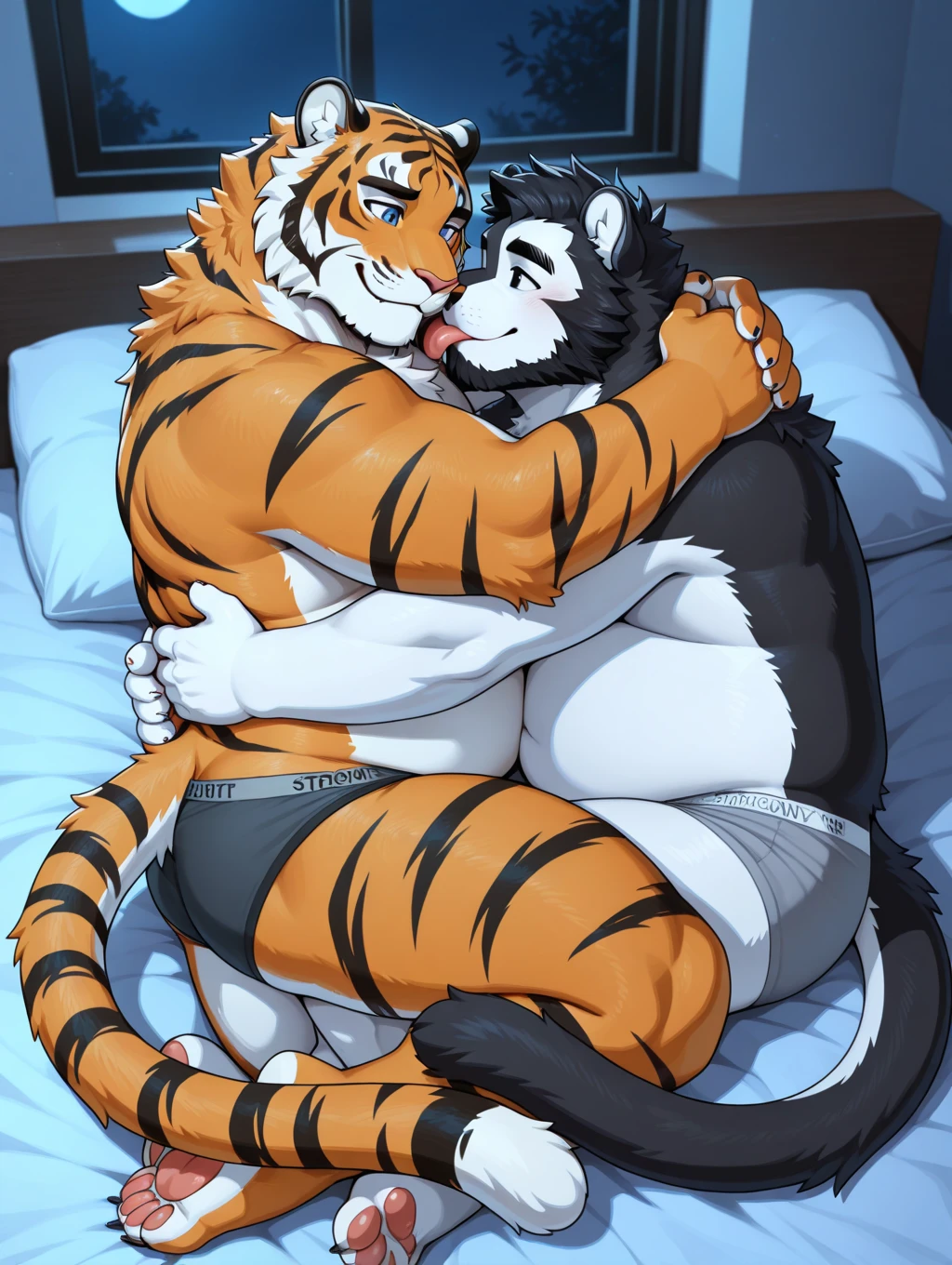 kosutora, tiger and green bear, kemono, bara, licking, duo, kissing, saliva, arm hug, portrait, full body, safe for work, sfw, big bulge,  japanese haori, <3