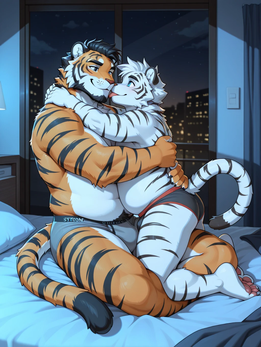 NSFW, anime style, aid210, nj5furry, ((whole body)), ((plump middle-aged tiger man and plump middle-aged bear man, lying, kissing)), BREAK (ejaculation small penis with beautiful thin and tight foreskin:1.7)(hairy testicles)(flaccid:1.5), (1 testicles), (thin foreskin:1.5), (anus), ((brown eyes)), one eye closed, beautiful beard, beautiful ears, (male face:1.3), (big face:0.5), square jawline, (Male Eyes:1.2), (sharp eyes:0.8), (big eyes:0.5), male eyebrows, (innocent look:0.5), (beautiful black nails down to the last detail:1.2), BREAK (complete Anatomy), (detailed face:1.3), beautiful face, (detailed body), (detailed penis:1.4), (detailed testicles:1.4), (beautiful hands:1.2), (detailed fingers:1.2), (detailed eyes:1.1), (beautiful Eyes:1.1), arm details, Leg Details, beautiful feet, BREAK Muscular anthlo, body hair, ((hairy skin)), fluffy, pubic hair, sweating, (detailed brown nipples:0.8), (blood vessel:-0.8), (glowing Skin:-0.7), (chest hair:0.5), (1 tail), (a beautiful and detailed small tail), BREAK night sky, bed, outdoor, ultra detailed, highest quality, ultra-high resolution, realistic, 16K, masterpiece, beautiful detailed, perfect solution, absurdists, (faint light),