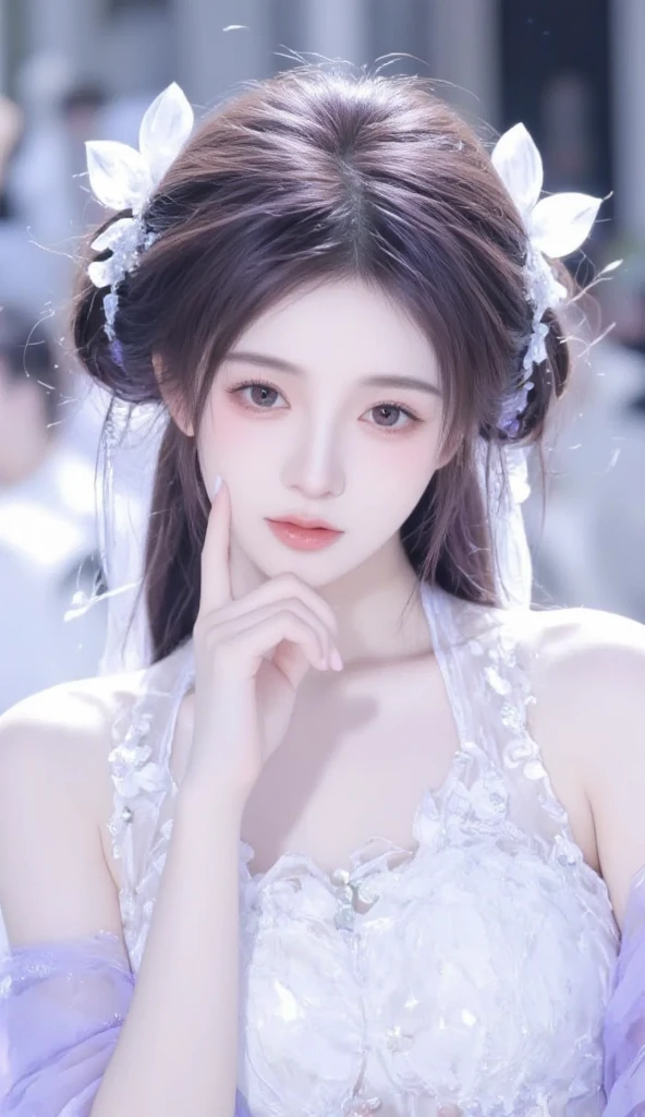 Close up of a woman in a blue dress and a floral headdress, Ethereal beauty, cute delicate face, ((a beautiful fantasy empress)), a beautiful fantasy empress, Chinese style, Inspired by Huang Ji, gorgeous chinese models, Palace , A girl in Hanfu, Chinese girl, ruan jia beautiful!, xianxia fantasy, inspired by Zhang Yan