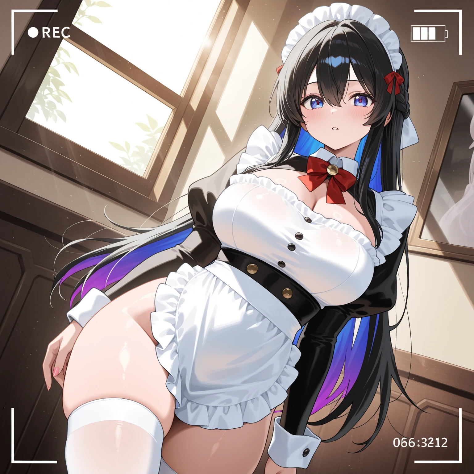 {{masterpiece, best quality, extremely detailed CG, unity 8k wallpaper,ultra resolution}},Award-winning photography,(best illumination,Very Delicate and Beautiful),{one girl,solo}, (detailed background), (highres), absurdres, 4K, 8K, 16K, beautiful body, symmetrical face, realistic shaded, stunning, intricate, hyper-detailed, highly detailed, sharp, smooth, sharp focus, anime, sexy bedroom, shaking, trembling, heart, hearts, big eyes, very long hair, long bangs, bangs cover one eye, heart earrings, jewelry, heart choker, thick, voluptuous, tiny waist, arched back, looking at viewer, pale white skin, huge ass, thick thighs, teal hair with black highlights, teal and black hair, inner teal colored hair, cleavage focus, maid outfit, maid, mature female, black hair, shiny skin, blush, light smile, wide hips, leaning forward slightly, displaying cleavage, squeezing breasts together,