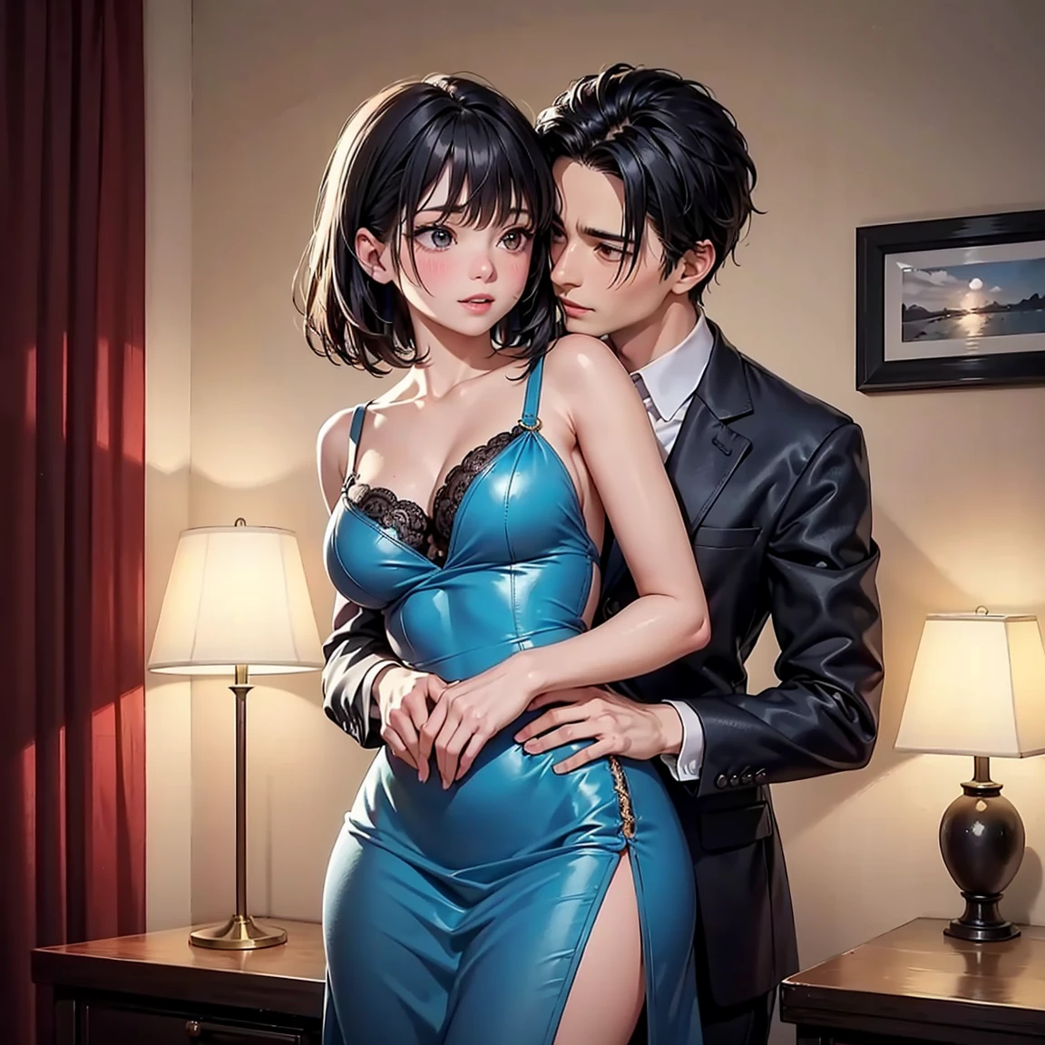 NSFW, (masterpiece, best quality, photo realistic, official art:1.4), (UHD, 8K, High resolution, awesome illustration), (shiny skin),Cinematic lighting, physically-based rendering, Award-winning, detailed skin, extra detailed face, eyes with beautiful details, Carl Zeiss 85 mm F/1.4, BREAK, (1girl and 1boy, a couple is hugging each other:1.8), cute 16-year-old girl is standing in the livingroom, glossy brown hair, short bob cut, brown eyes, medium breasts, (wearing Santa Claus costume with Santa Claus hat, Santa Claus dress, bare shoulders, looking at camera, noseblush AND embarrassed:1.3), (1boy is hugging the girl from behind and he grabs girl's breasts from behind:1.8), (a boy wears school uniforms:1 3), BREAK, (decorated Cristmas tree on background:1.3), face focus, cowboy shot, (view from side:1.3),