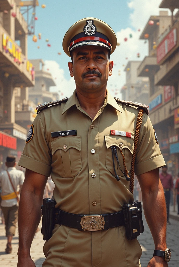 a stunning intricate full color photo of Indian man, as a police officer, in a khaki Indian police uniform, (Indian_Police_Uniform:1) <lyco:Indian_Police_Uniform_V1:1.25> on a busy Indian street, detailed skin, epic character composition, by ilya kuvshinov, alessio albi, nina masic, sharp focus, full focus, realistic light, subsurface scattering, f25, 35mm, film grain, analog style, epiCRealism
