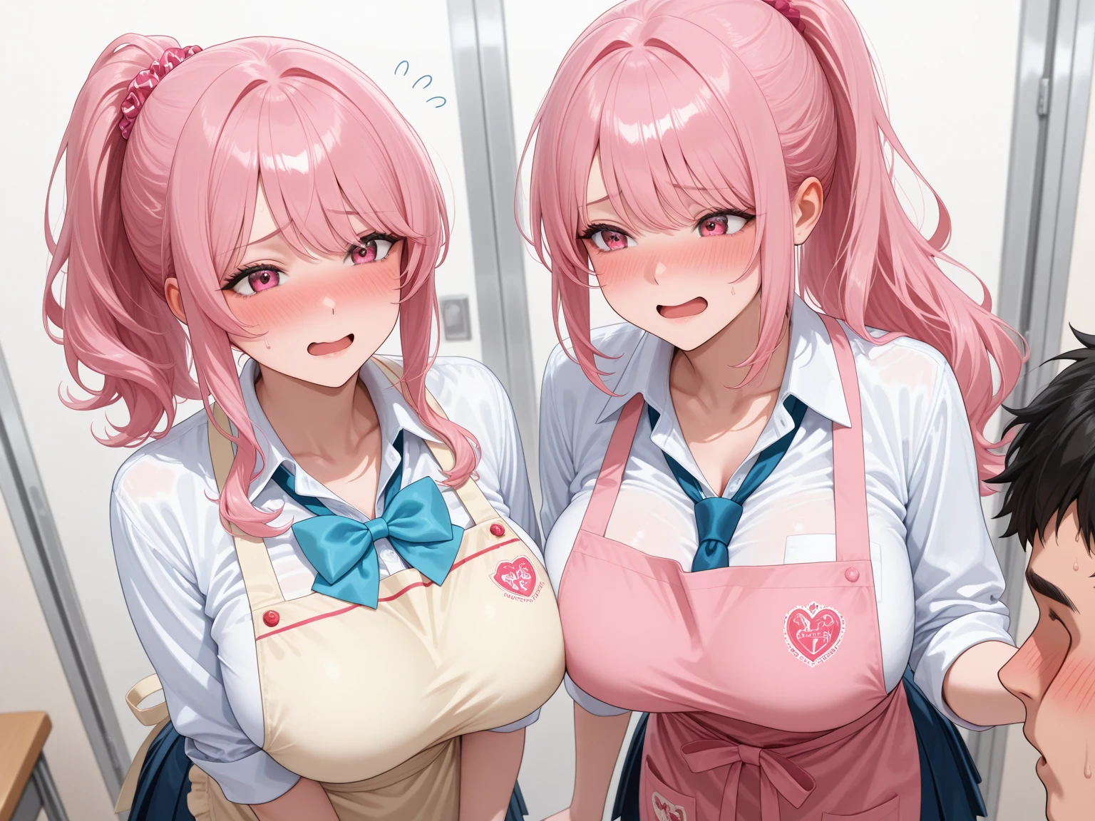 realistic, Selfie of two girls, close contact with both breasts,, Maid clothes、nurse uniform、uniform、bikini、pleated mini skirt、cleavage emphasis、Lower milk is visible、Side breasts are visible、big breasts, smile、The belly button is visible、bold pose、accurate eye