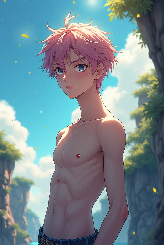 (masterpiece, best quality), 1boy,younge boy,???'s face,Juvenile faces,sideface,Lying naked in the grass,Covered in sweat,adolable,infancy,Young age,Short round face,Flat chin,Fine face in detail,Colored briefs,musculous, pink short hair, Sky blue eyes,opens his eyes wide, 复杂, full bodyesbian,nakeness,Croaking grin,Teal briefs,Pectoralis abdominal muscles,vivd colour,(depth of fields:1.2),(abs),looking at viewert,Lying in the grass,spread their legs,Large pink flowers,Flowers