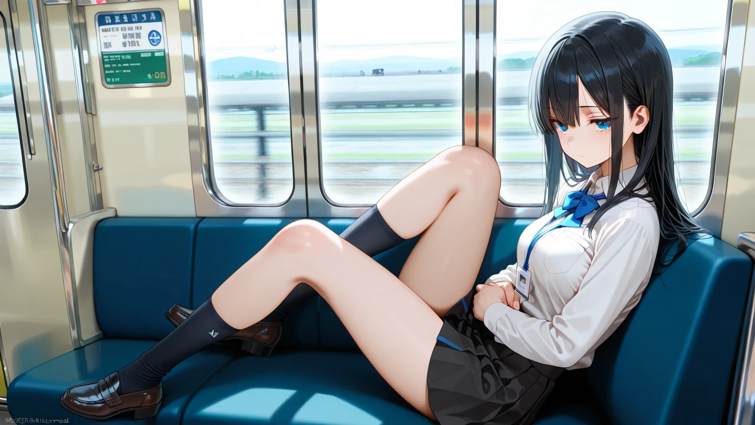 ((Maste Piece)), ((Best Quality)), (Ultra-detailed), ((kawaii)), Cute, (Lovely), ((Sexy)), (Ero), ((Extremely detailed)), 4K, (8K), Best Quality, (Beautiful), Dynamic Angle, Full body, look down from above, full body focus, On the train, Cute little girl s, 1girl in, Solo, pajama, Beautiful black hair, Beautiful black eyes, ((Beautiful eyes)), (just woke up face:1.2), White-skinned, short hair, Buttocks, a large breast, sparkling effect, luminous effect, Lens Flare, shiny-glistening, gleaming