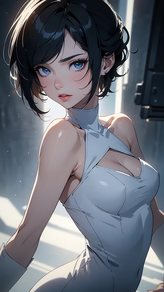 (masterpiece,best quality,ultra-detailed),1girl,short hair, black hair,(plant girl),beautiful and detailed face, detailed eyes ,(grey and blue theme),night,fog,in the ghost town,(((ghost girl))), white skin,pale skin, white body suit,in a laboratory 🧪 🧫,