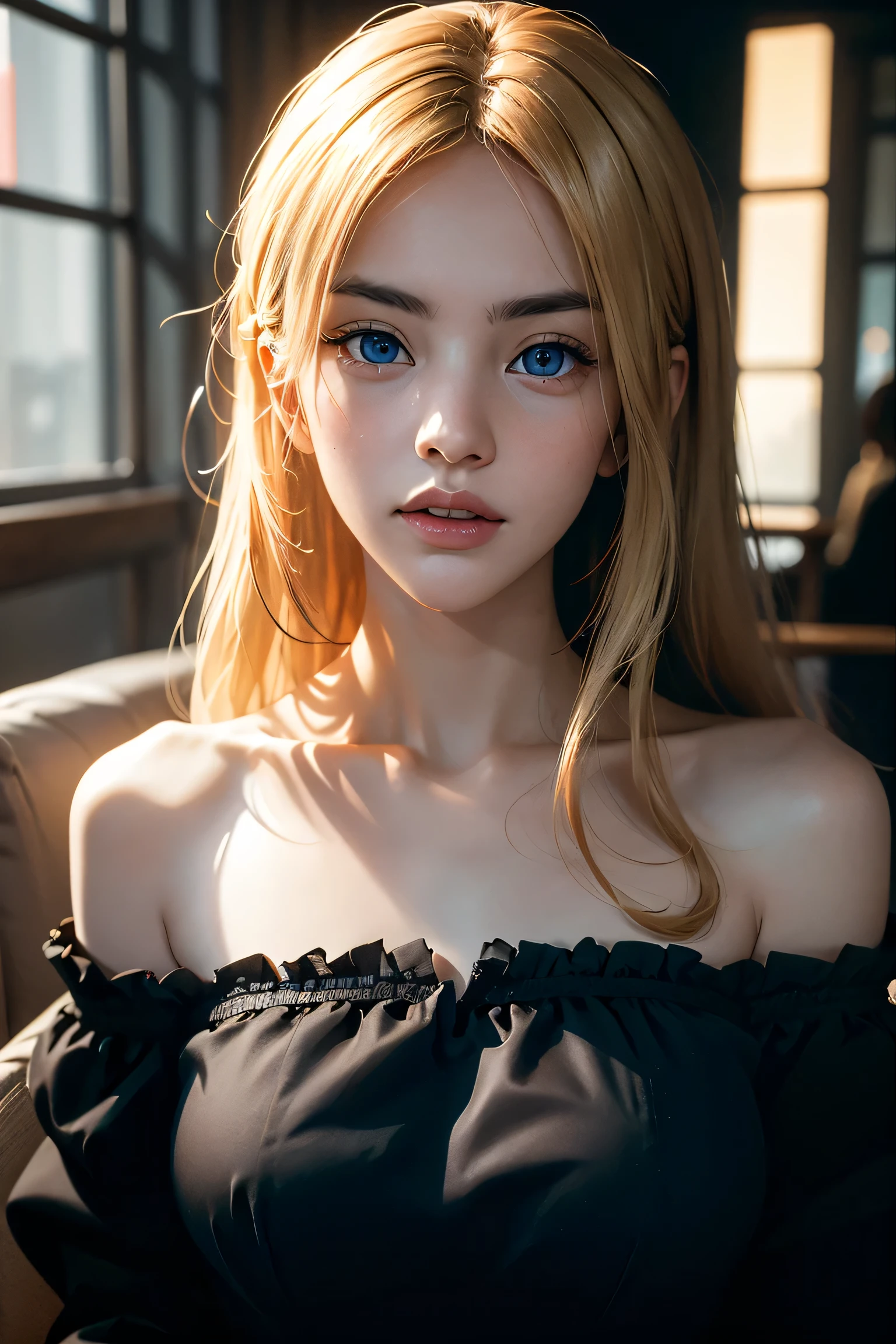 Woman with blonde hair,mannequin,eBlue eyes,largeeyes,Black bra top,The table is by the window,Dressed gorgeously,Hot body,Beautiful,Woman,The face is delicate,Flawless skin,D-cups,beautiful young face,A very detailed full-body photo,Very delicate eyes and skin,A high resolution,film effect,realisticlying