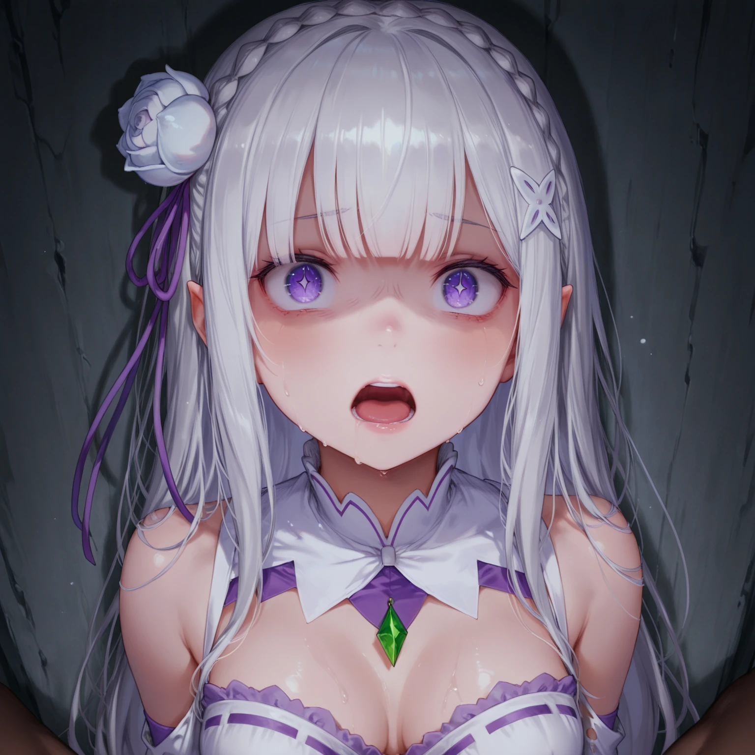 White Hair、Long Hair、Purple Eye、very, very big breasts、Nipples、breast milk squirting、Erect nipples、Cow print micro bikini、Face after climax、smile、Soaking wet、Peeing、Mole on upper chest、White mucus sprays from the tip of the nipple、Cow Cosplay、Nipple Pochi、Male orgasm、Milking、Moaning obscenely
