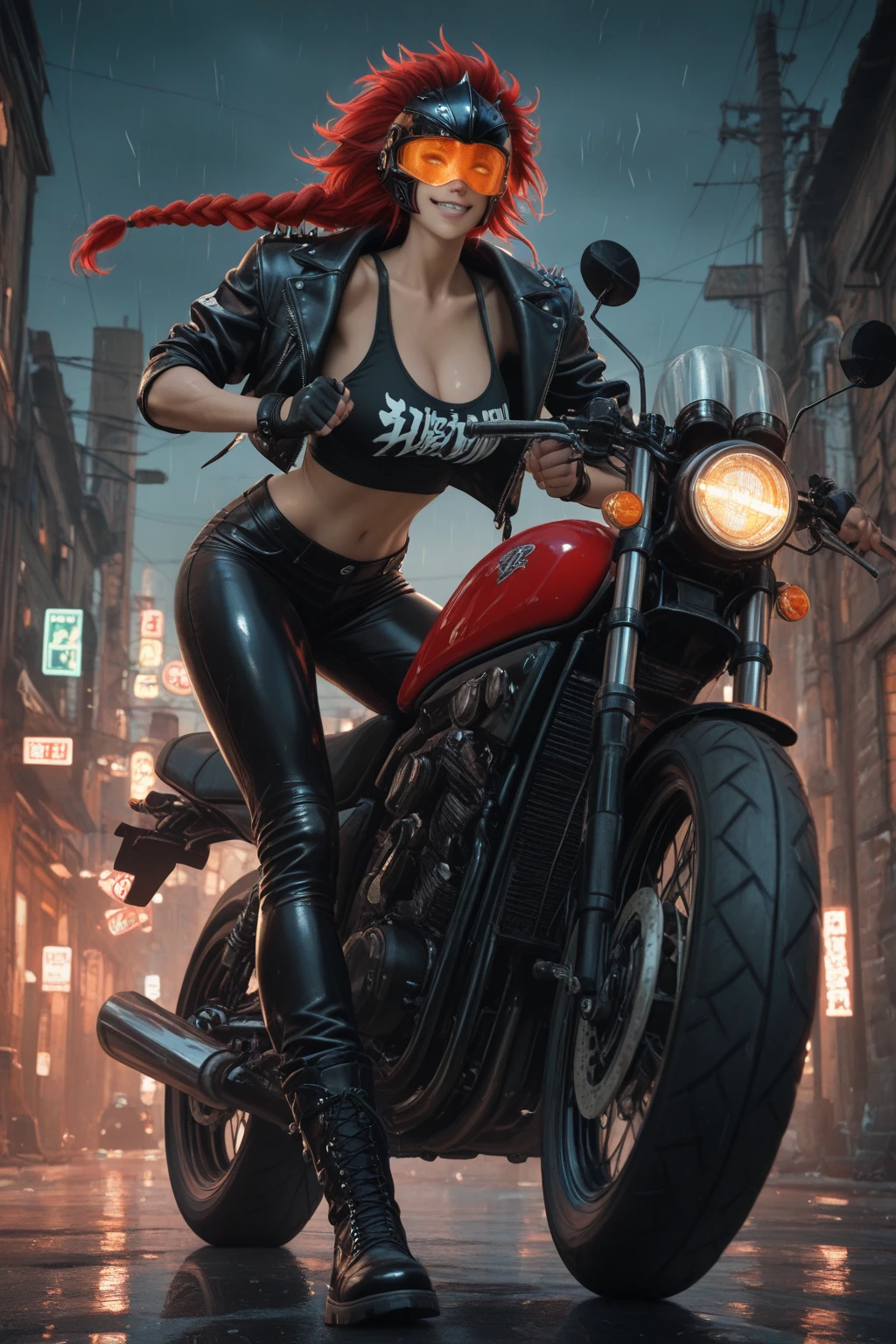 Female Biker on A Red Sport Motorcycle, In A Red Motorcycle Suit, Holding Motorcycle Helmet in Both Hands, Saturated Blue Hair, Blue Eyes, Thin Waist, Thick Hips, High Heel Boots, Award Winning Concept Art, Highly Detailed, 4K, HDR, Soft Shadows, Intricate, Ray Tracing, Highly Detailed Face, professional Concept Art, depth of field, best quality, masterpiece, highly detailed face, realistic hair, realistic eyes, dynamic lighting, realistic shadow, volumetric lighting, bloom, cinematic