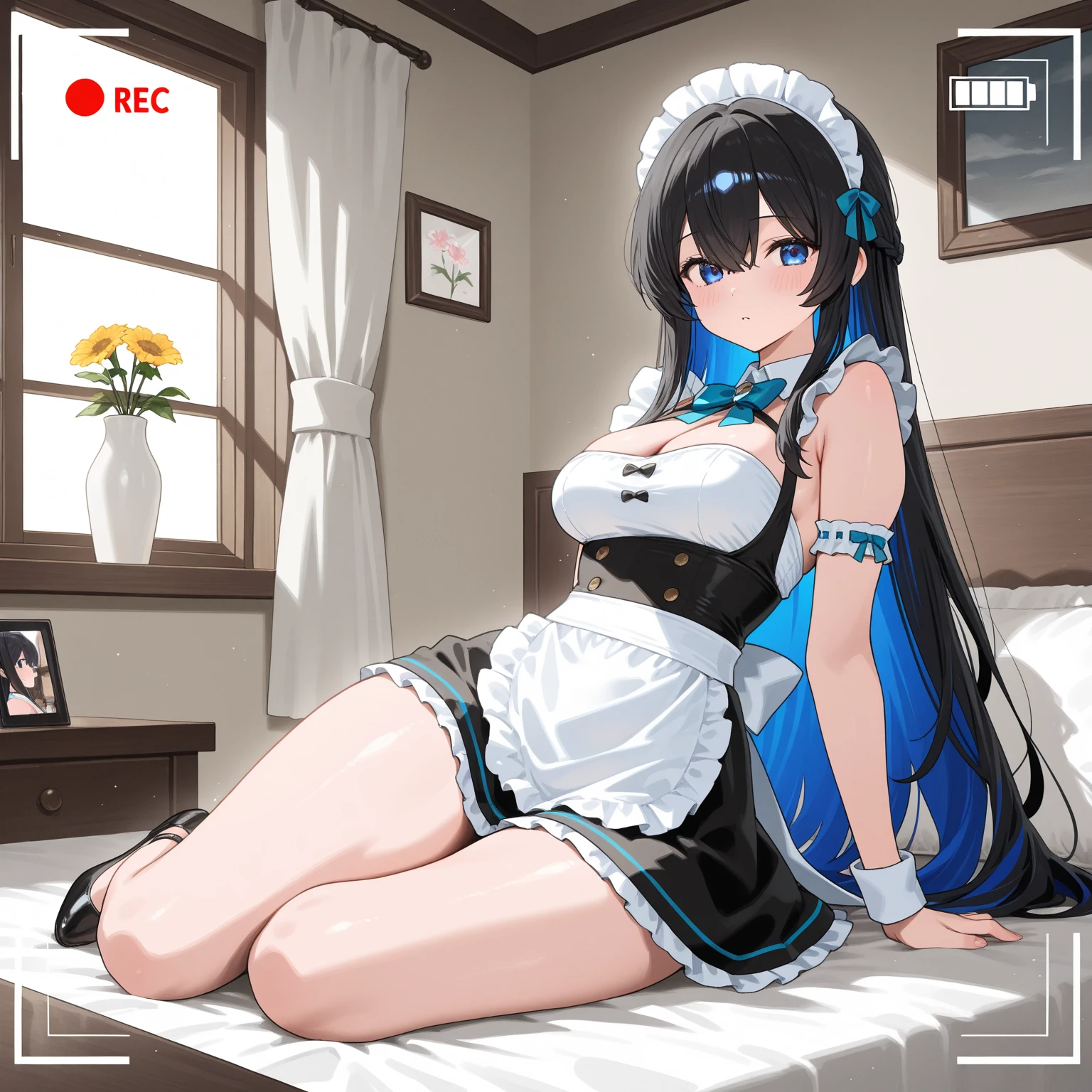 In underwear、Blue bra、Pink stripes々Panties、Panties in full view、In underwear、 1girl,   utsumiericeFA,long sleeves, bare shoulders, jewelry, puffy sleeves, necklace,, streaked hair,  blue ribbon, puffy long sleeves,magatama,