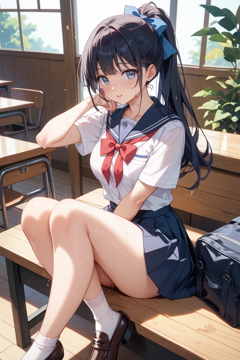 (((masterpiece, highest quality:1.3,absurdres))),cowboy shot,18 year old beauty, High school girl swordsman、solo,((very small head:1.3)),ponytail hair style,long hair,blunt bangs,black hair,glay eyes,blush,medium breasts,((very long body,slender body)),skinny,gleaming skin,oily skin,sweat,(School uniform、Navy blue sailor suit、Short sleeve、Navy blue pleated mini skirt),classroom、Japanese School、