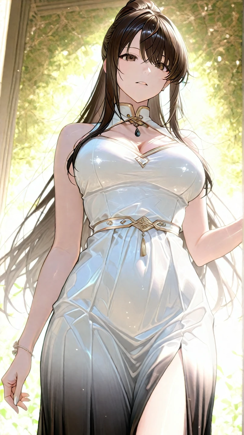 (RAW Photos: 1.2), (Photorealistic: 1.4), (Intricate Details: 1.2), (Masterpieces: 1.3), (Best Quality: 1.4), (Ultra High Definition: 1.2), Cinema Light, Ultra High Definition, (Detailed Eyes), (Detailed Facial Features), (Detailed Clothing Features), See-Through Bra, Japanese Clothing, Beauty, Princess, Queen, Woman in her 40s, Mature Atmosphere, Calm Eyes, Sharp Eyes, Hair Ornament, Gold Necklace, HDR, 8k Resolution, Viewer's Show, Skin Tight, (Shiny Skin), (Slender Girl), Dreamy, Candlelight, White Flower, Thin Waist, (Extreme Detail Illustration), Bedroom, Straight Hair, Long Hair, Black Hair, Light Green Eyes, 1girl, Cute, Innocent, (Smile), (Innocent Smile), Slender Body, Indoors, Breasts, Big, Super Big, Beautiful Nits, dynamic_color_range, Full Body, Standing Pose, Detailed Gold Cloth Texture, Detailed Face Texture, Perfect Body, (Big), Hiqcgbody,