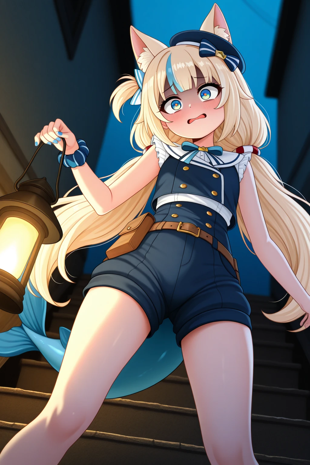 一个穿着黑色Deep V one-piece swimsuit、girl in a hat，(masterpiece, best quality) detailed,silver accessories , Blonde ,elegant, Pointed ears ，Deep V one-piece swimsuit，Double tail，Waist-length hair，Smile，Star decoration，White lace socks，thorns，Rose，Vest line