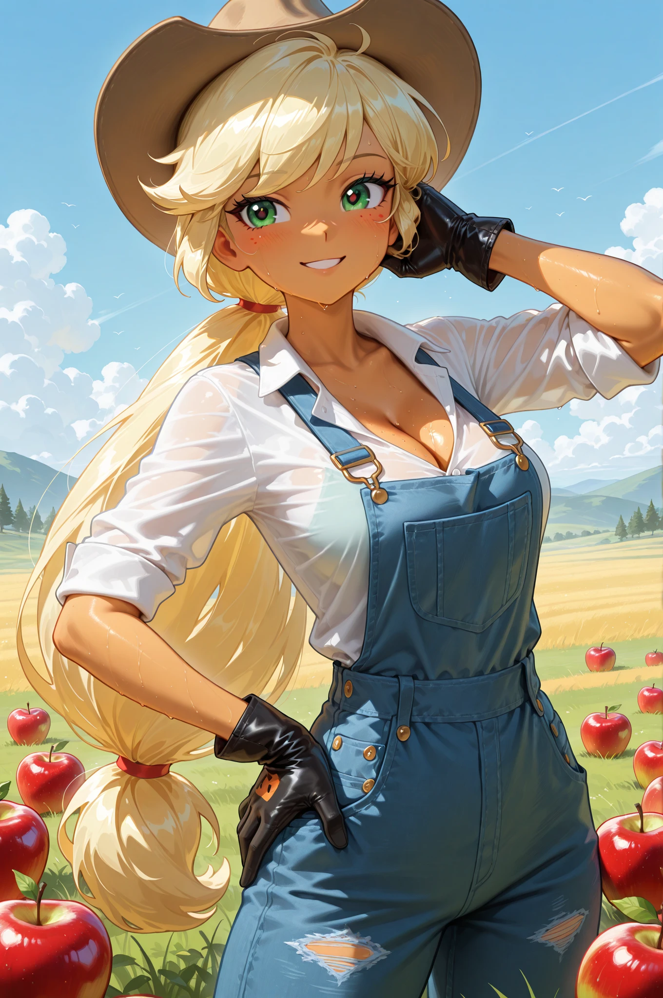 AppleJack, AppleJack from my little pony, AppleJack in the form of a girl, long hair, lush hair, steampunk, steampunk machinery, golden gears, not human, gear leather, cowboy boots, full-length, cowboy hat, apple earrings, on a farm with apple trees, steampunk style, a lot of magic, lightning nets, best quality, very detailed, ultra 8k resolution, (cum on clothes:1.3), oral, blowjob, ((fellatio)), irrumatio, looking at viewer, sucking penis, big tits, top naked, yoga jeans