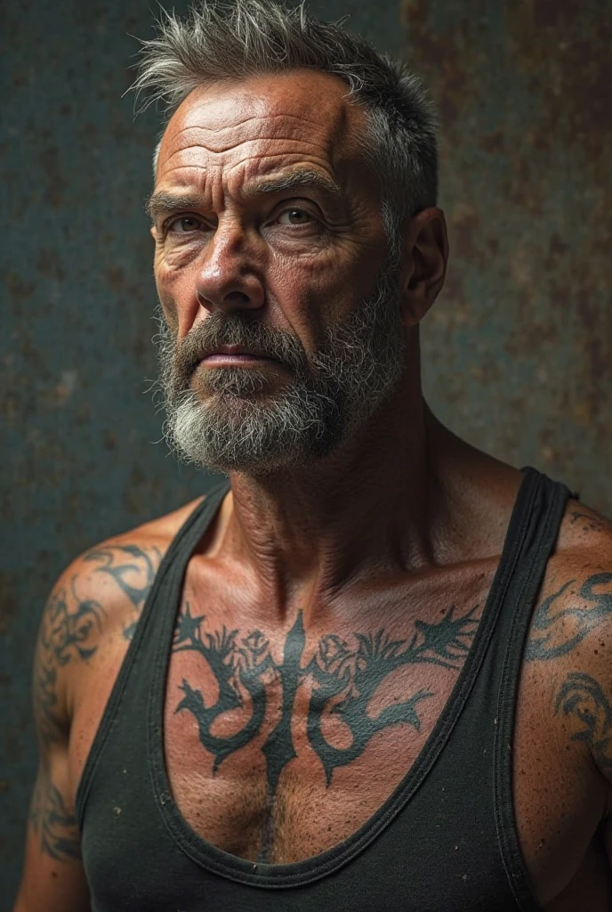 A captivating photograph of a wise and weathered old sailor, adorned with nautical tattoos and a rugged expression that tells tales of countless voyages.
