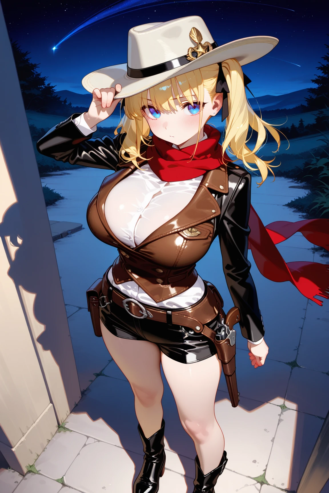 a cyber girl, with furry latex suit, technological armor, Trench coat, and cowboy hat, He is wearing a revolver holster, sexy pose sensual look at the camera, in the background an old west landscape 