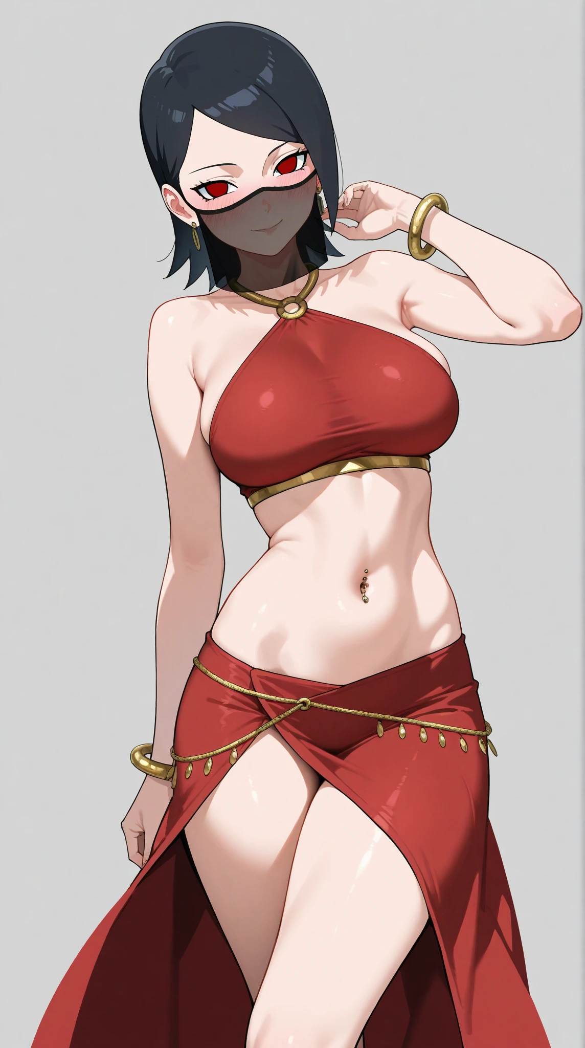 close-up portrait, kanaya, (horns), gray skin, short hair, [[simple background]], bellydancer, (midriff), collarbone, sleeveless, choli, cleavage, wide hips, jewelry, eyeliner, mature, (black eyes), (yellow sclera), galena