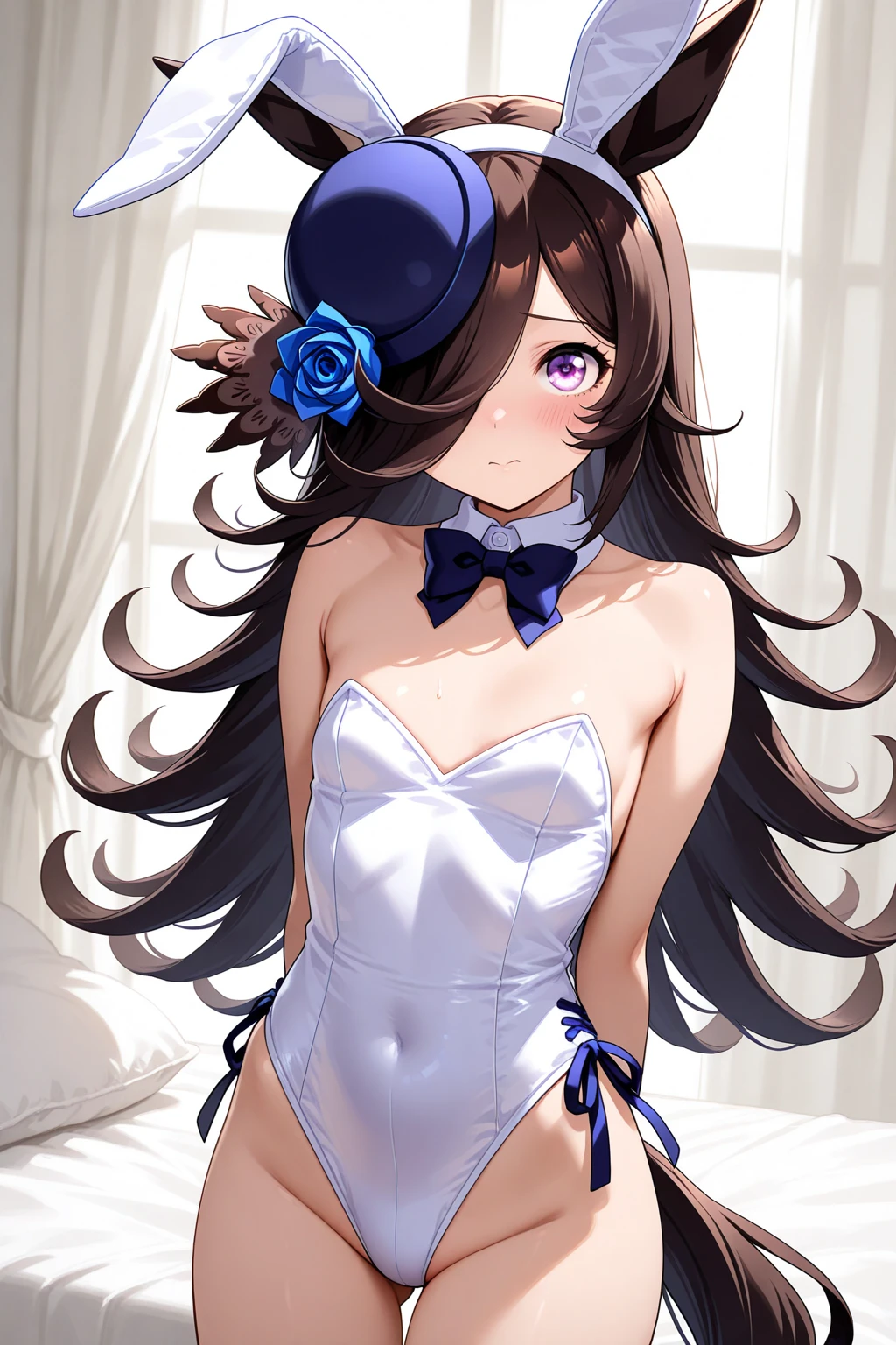 ((32k)), ((best quality)), ((ultra high res)), ((HDR)), ((UHD)), ((extremely detailed CG)), ((unity 32k wallpaper)), (((18 years old))), 1 girl, closed mouth, standing, purple eyes, swimsuit, bikini, thighs, cowboy shot, frills, indoors, hand up, stomach, white thighhighs, hand on hip, wrist cuffs, maid, maid headdress, bare arms, skindentation, detached collar, side-tie bikini bottom, white bikini, single thighhigh, string bikini, frilled bikini, bridal garter, maid bikini, smile, 