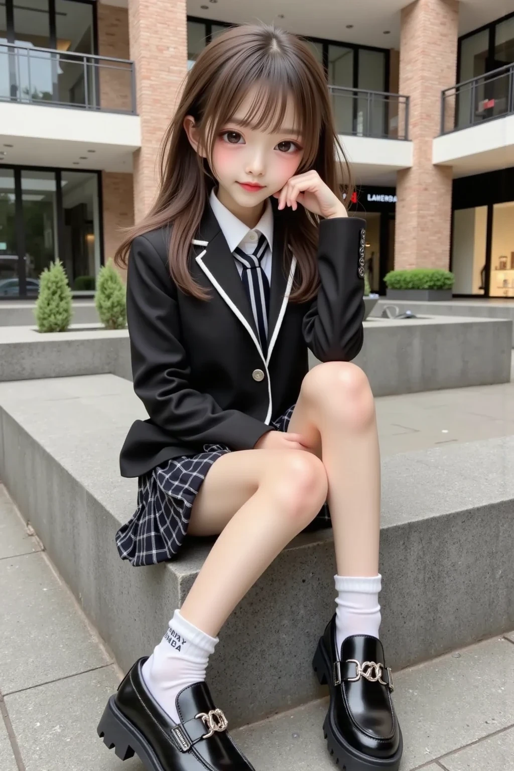 1girl,solo,black hair,skirt,squatting,shy blush,lipstick,wearing 50d black velvet pantyhose,pantyhose,bag,community roadside,shoes,grey skirt,loafers,looking at viewer,brown eyes,school uniform,backpack,jacket,bangs,long hair,plaid,full body,brown footwear,plaid skirt,long sleeves,pleated skirt,blazer,bowtie,closed mouth,miniskirt,