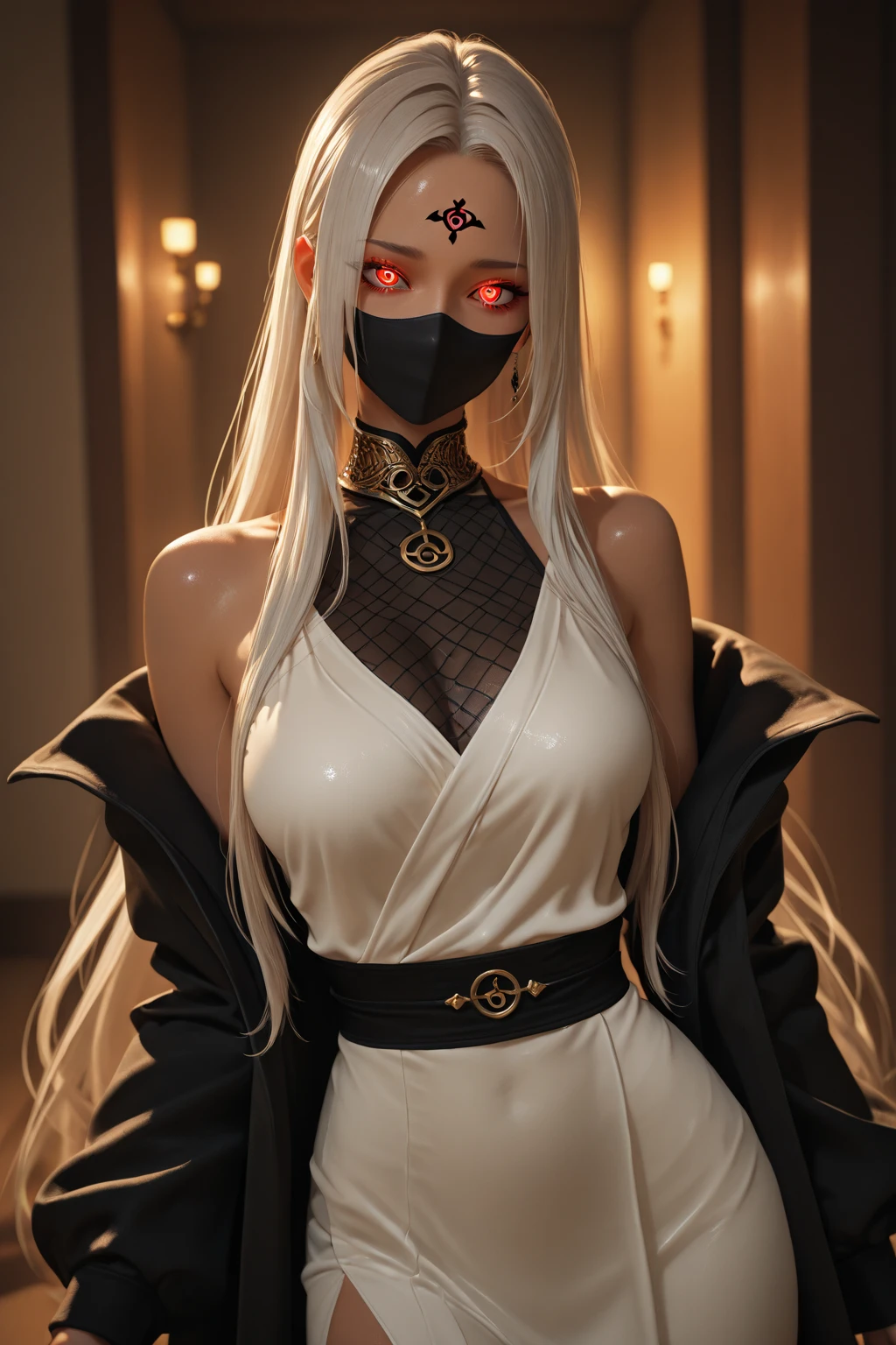 masterpiece、Highest quality、32K、Junior high school girl Mary R.、Idol-like beauty、Big Breasts、Kunoichi's costume、Wearing chain mail、Black knee-high socks、Black shorts、Black Mask、Cover below the nose、knife、Shuriken、Sexy pose、japanese ancient castle、nightphotorealistic,Realistic illustration in Modelshoot style,((masterpiece)),((The best quality)),((Ultra Quality)),((ultra detailed)),((1girl long white hair)),((Only)),((waifu:1.5)),Perfect anatomy,perfect hands,beautiful cuerpo,beautiful_method,ulzzang-6500-v1,e-chica,((Exceptionally Beauty Waifu Princess Mary R.)),Highest quality、32K、Junior high school girl Mary R.、Idol-like beauty、Big Breasts、Kunoichi's costume、((Wearing chain mail、Black knee-high socks、Black shorts、Black Mask、Cover below the nose))、((knife、Shuriken))、Sexy pose、((japanese ancient castle))、night,((bright-pink_eyes)),long wavy hair, ((white hair)),hair clips,eyeliner,cute makeup,lipstick,Glossy lipstick,with a look of love, worry and sadness,((eyes detallados perfectos)),rainy with fog outside,evening,pink theme,bioluminiscencia,light particles,((Extremely CG Unity 8K Wallpaper)),((cinematic lighting,Best quality lights)),intricate details,Suave,sharp focus,Extremely beautiful and aesthetic,Octane rendering,Full length portrait,damp skin,((Perfect detailed body)),