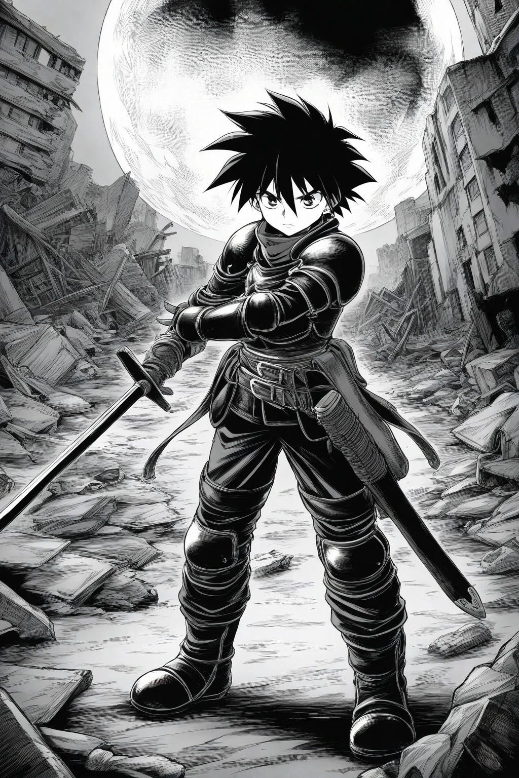 masterpiece, best quality, highly detailed, guts \(berserk\), (chibi:1.3), dynamic angle, from above, running fighting stance, attack battle form, floating debris dust stones winds,armor, one eye closed, scar, bandages, black hair, cape, male focus, manly, holding sword, huge sword, holding, traditional media, weapon, full moon