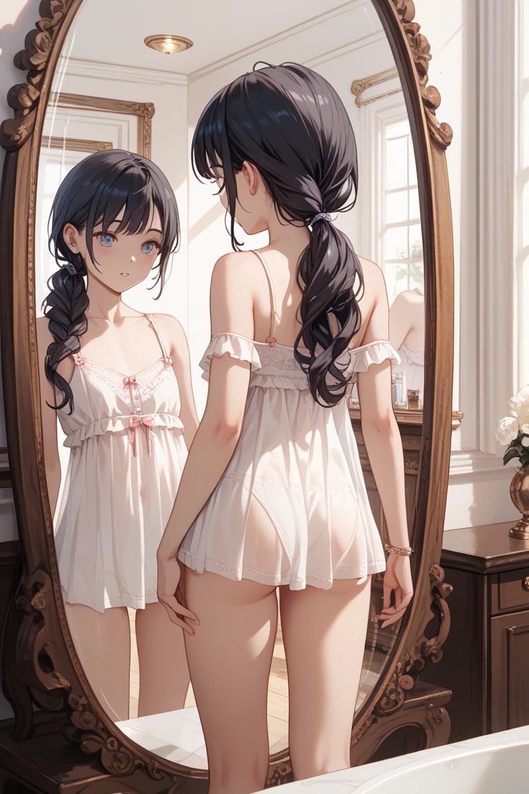 superflat, flat shading, flat colors, masterpiece, best quality,  30_year_old mother and 12_year_old daughter petite loli, white dress, lift skirt, white panties, from behind, standing in bedroom, shy, blush, changing clothes, best shadows, watercolor,