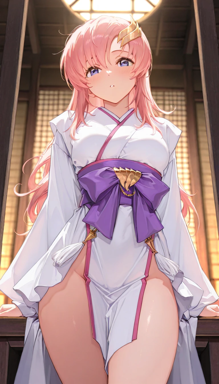 Shuna,realistic, (4K), Depth of bounds written, (masterpiece), (realistic skin texture), very detailed, Complex, very detailed, professional photography, Bokeh, High resolution, sharp details, highest quality, girl, red and white kimono, long hair, pink hair, pink eyes, horns, reclining , dynamic pose, Japan interior,little breasts,slim thigh,clothed,white lace panties,
