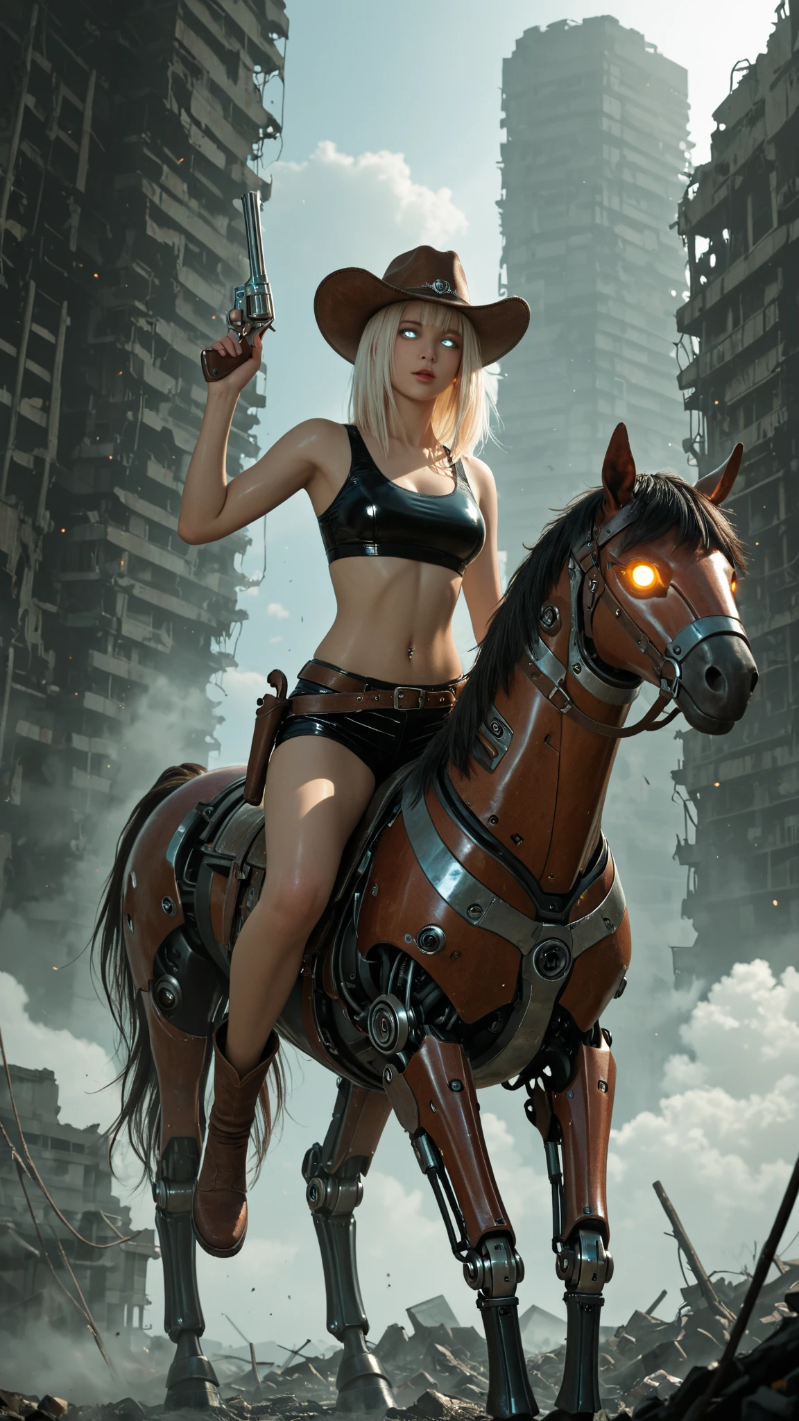In a very grand scene，The extra-large wide-angle lens captures the appearance of a female centaur。She is tall，It has the ultimate curvy beauty，The muscles are slender and firm，Beautiful lines。Her facial features are tough and coquettish，Always with a sunny smile。She wears special tight-fitting equipment with a strong sense of technology，Step on multifunctional off-road style heels，Delicate and practical protective gear is worn on the hands, feet, wrists, neck and shoulders。The detection equipment around you flashes various cue lights and neon-like information screens，Let her exude a charming brilliance。Use Midjourney's advanced tools，Design special tight-fitting equipment for female centaurs，Highlight her unique physiological characteristics and appearance details，Add realism。And in her adventure scene，Spectacular views of nature，Such as the sky where storms and sunny days alternate、Brilliant rivers of stars and auroras、The snow-capped summit of Mount Everest、Fireworks in the mountain town, etc。ao mesmo tempo，Away from the hustle and bustle of Long Beach Pier is a neon-lit spaceship docked，Create a fantastic scene。Use Midjourney's advanced tools and multiple color palettes、Brush Strokes、Texture tools and model packages，It shows a sense of atmosphere where beauty and charm coexist。The charm of the female centaur is highlighted through color and lines，Enhance realism with detailing，Create a surreal dreamy feeling。Additionally，Use Midjourney's tools to add a variety of extreme sports gear and cultural trinkets to the female centaur，Create intricate hairstyles and outfits，Give her a sense of premium。She never flinches，Regardless of the terrain，can respond quickly，Even the extreme geography and dangerous terrain of aliens cannot stop her。Use Midjourney's powerful tools，You can do it with incredible detail and beauty，Bring this ultra-grand and beautiful scene to life。Ultra-grand scenes，super wide shot， hdr，（真实感，Masterpiece quality，best qualtiy），