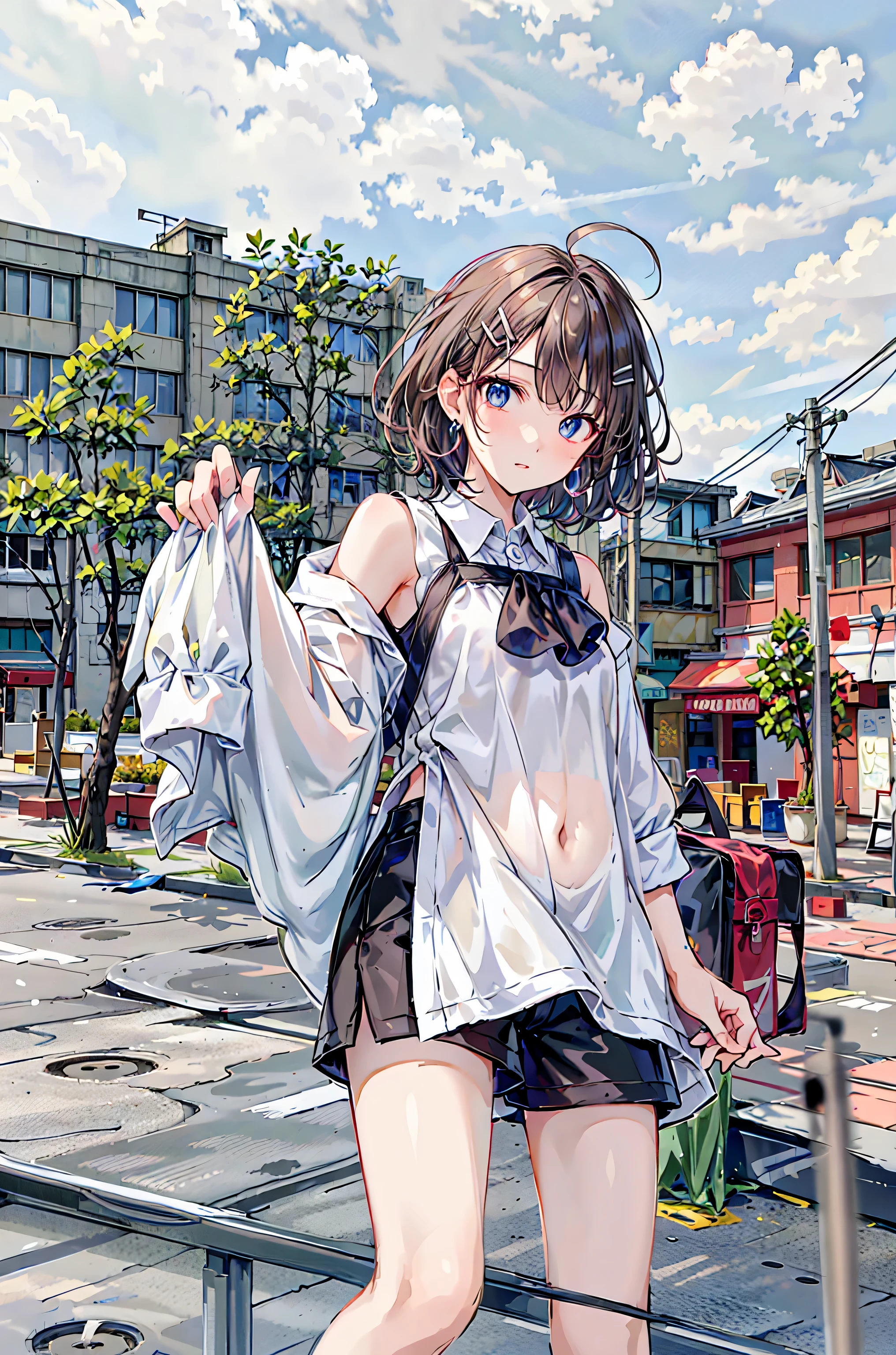 masutepiece, Best Quality,Illustration, Wallpaper, Ultra Detail, absurderes, 1girl in, Solo, (Medium short hair、short braided hair), Beautiful detailed eyes, rainfall、water dripping、wetting hair , Looking to the side, (Street:1.5), Cloudy sky、Bright scenery
