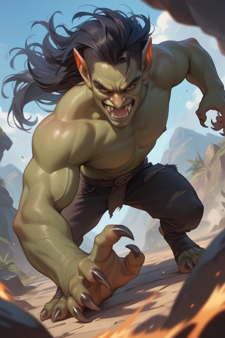 Braided Hair, Half-Orc, Deep Green Skin, DND, Barbarian, smiling, carefree, shrugging, Male, Afro Hair