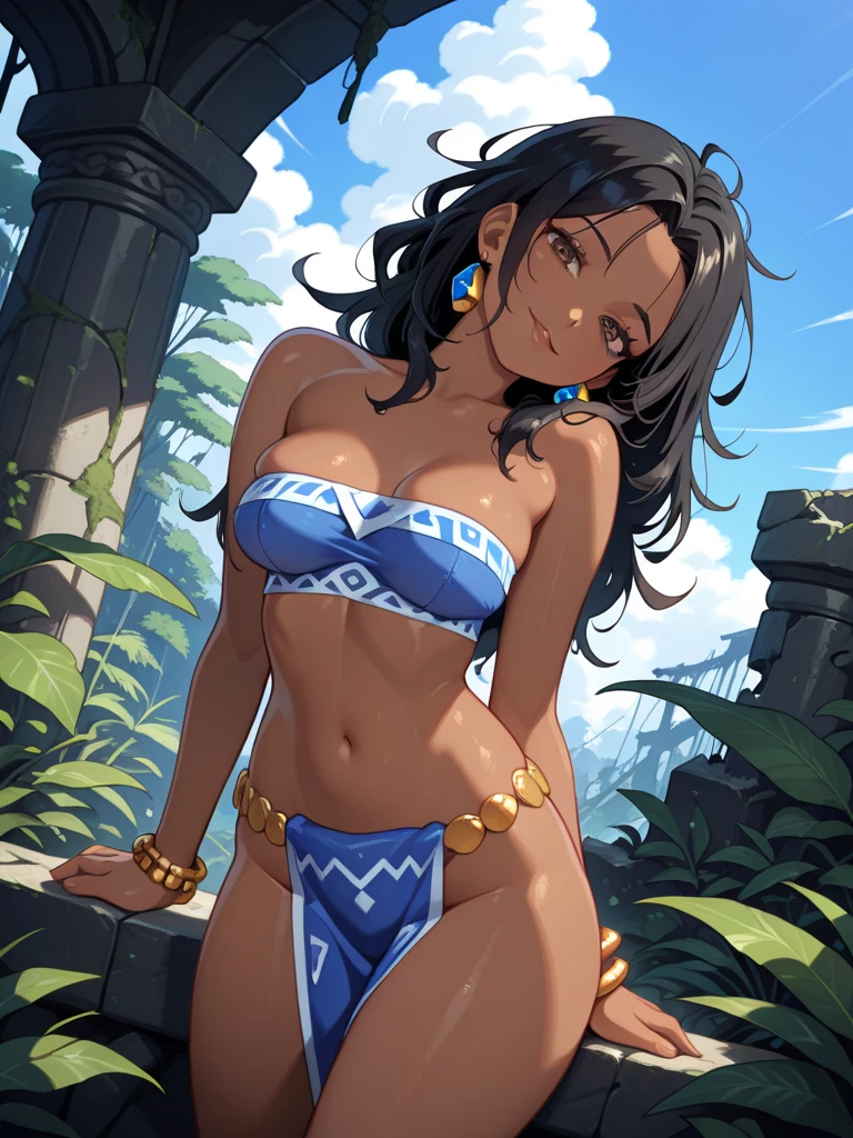 (best quality:1.3), (4K quality), (Detailed face:1.2), (Detailed eyes:1.2), solo, 1girl, 25 year old woman, jungle native, tribal girl, tanned bronze skin, dark brown hair, wavy hair, long hair, amber eyes, smile, (toned body), athletic body, medium breasts, (legs), slim waist, well toned, slim waist ,slender legs, attractive body, perfect shape, (Wearing: Headband, tan strapless top, tan mini skirt, pelvic curtain), looking at viewer, (Background: Outdoors, view of the rainforest, stone temples in the surroundings),