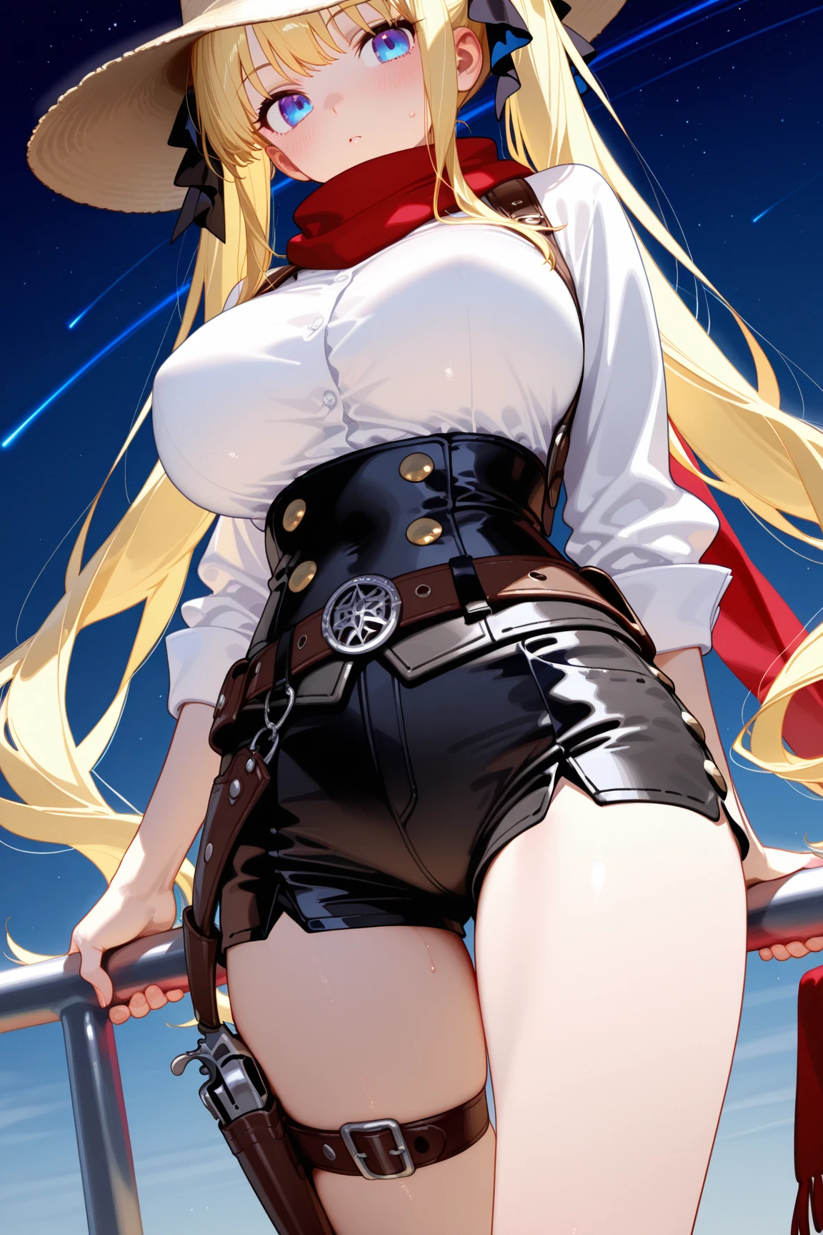 1female,35yo,plumw,extremely large bosom, 独奏,(Background with:Huge machinery,warships,the sea,battleships,Huge robots,nevando) with short golden hair,bobo head,Standing at the bow of the ship,,seen from the front, hair straight, mostly cloudy sky,(((tmasterpiece),(Very detailed CG unity 8K wallpaper),best qualtiy,cinmatic lighting,detailed back ground,beatiful detailed eyes,Bright pupils,Blue eyes,Snow-whiteskin,Redlip(Very fine and beautiful),(Beautiful and detailed eye description),ultra - detailed,tmasterpiece,))facing at camera,A high resolution,ultra - detailed),revealing breasts,Bare genitalia, Bulge,legs are open,Raised sexy,Camel toes,Flushed complexion,Desire for dissatisfaction,frontage,Navy,Snowflake decoration,elementary student(Wearing:red neckchief,a sailor suit,black pantyhoses)