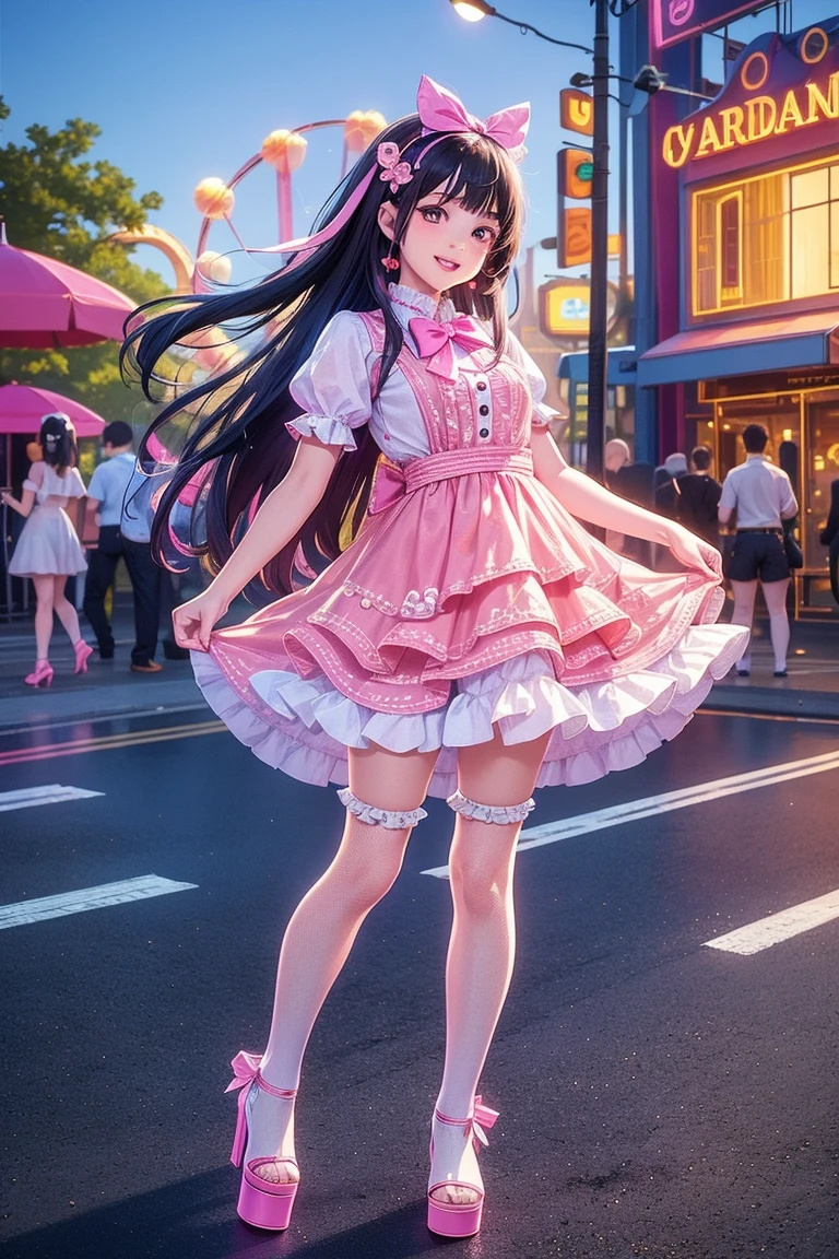 masterpiece, incredibly absurdres, extremely detailed, best quality, 1girl, long black hair, blunt bangs, light smile, slim, full body, standing, looking at viewer, sweet_dress, white thighhighs, amusement park, night, night sky, <lora:sweet_dress_style2_v1:0.7>