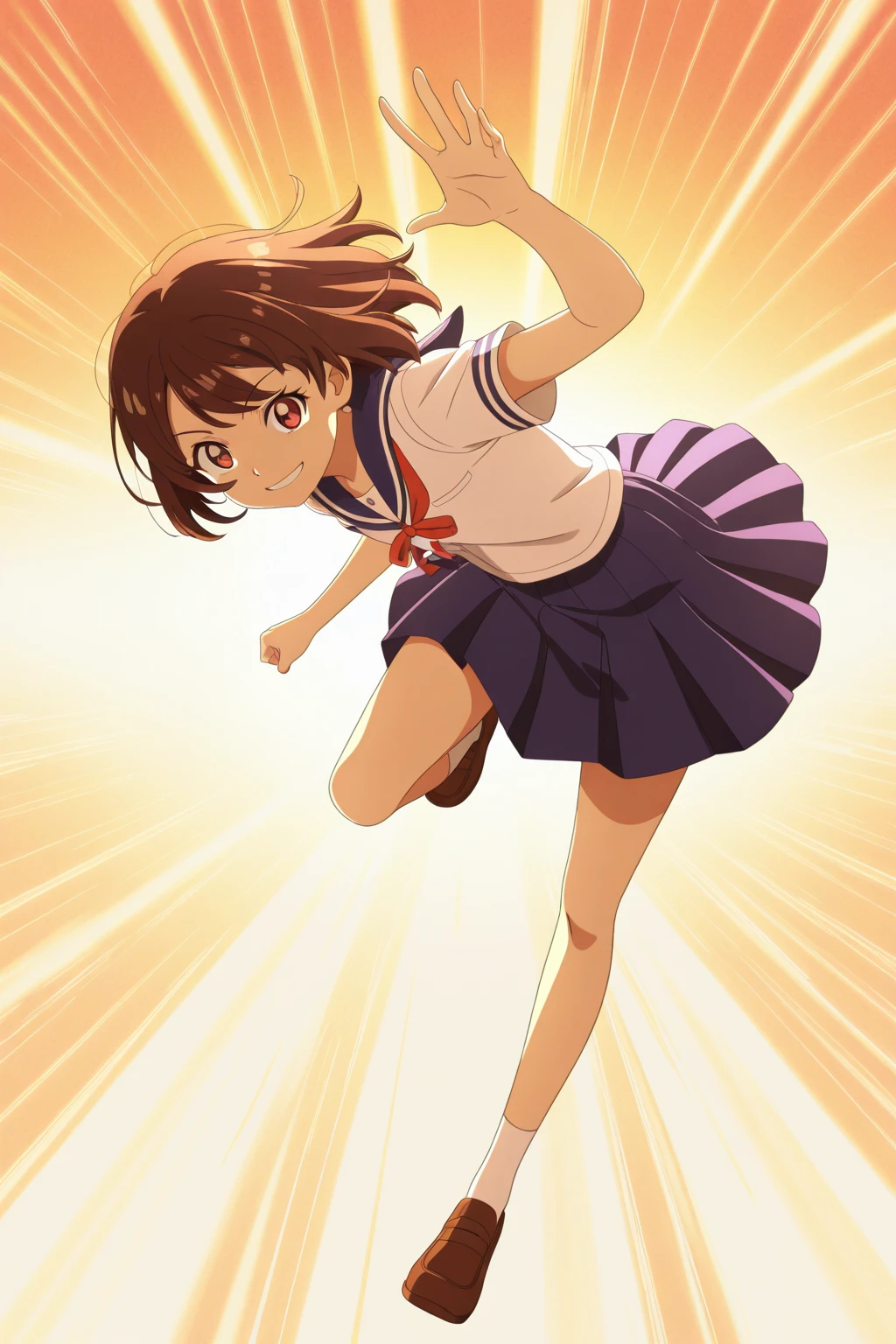 masterpiece, best quality, highres, 1girl, solo, superhero, leotard, blue and white leotard, bare legs, brown hair, short hair, brown eyes, hairband, medium hair, ribbon, boots, matching boots, blue boots, medium breasts, cowboy shot, spinning, super spin, tornado spin, smile, city backdrop, haruhi suzumiya, kyoani haruhi style, sleeveless, blue sparkles, light particles, wind particles, wind swirls,
