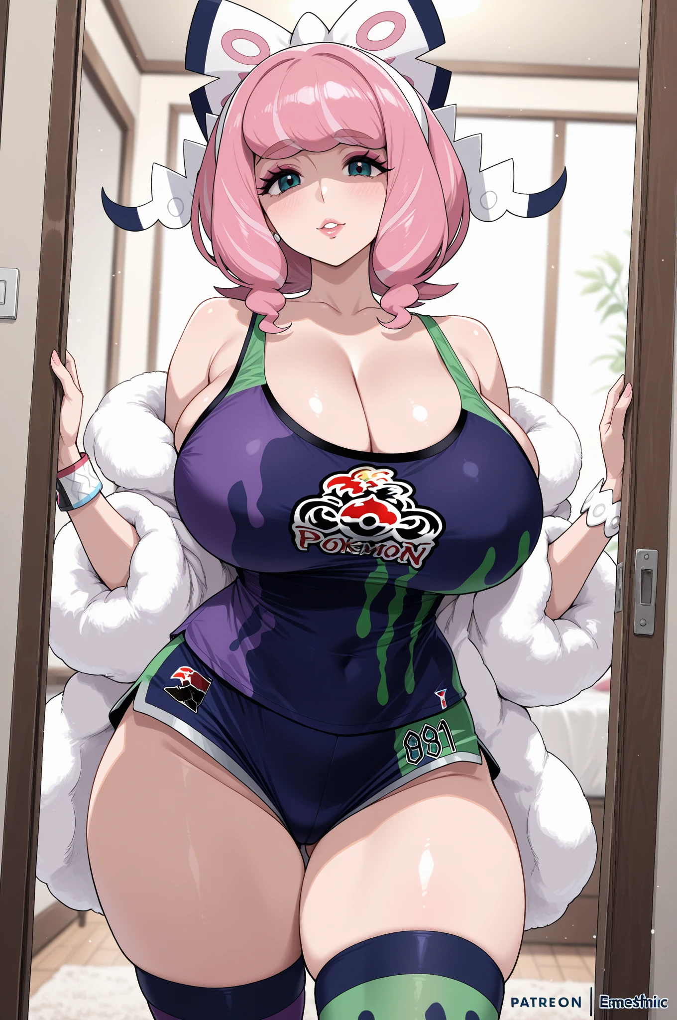 ((master piece, Pixels are perfect, superfine illustration, top-quality, masterpiece, The ultra -The high-definition, Top resolution)), ((Woman with beautiful anime face:1.3, very detailed face and eyes:1.1)), ((1 lady:1.7)), ((solo lady:1.7)), alone lady, Multiparous woman, Caucasian mature female swim-wear model, semi-nude, SFW, Looking down:1.5, (Spread your legs Wide:1.7), Semi-squat position, (Arms Behind Your Head:1.7), (Sticking Out Your Crotch), (bulge in the crotch area), (gigantic sagging breasts:1.6), (gargantuan butt:1.6), (Curvaceous wide hips:1.6), Curvaceous physique, Plump, Short body:1.5, (1980s \(Style\):1.5), (((Dirty Pair Kei, Dark skin, dark skinned female, head band, uniform, crop top:1.3))), (((cleavage:1.3, Tight crop top:1.3))), (((Boots up to the knee))), (((Costumes made of thin and tight metallic gloss latex fabric))), Crimson Wolf Short ((Anime art style of the 1990s)), From below:1.5, flat lighting:1.5, (((Front Light))), (((lighting forward))), (((lighting front))), ((inside in room))